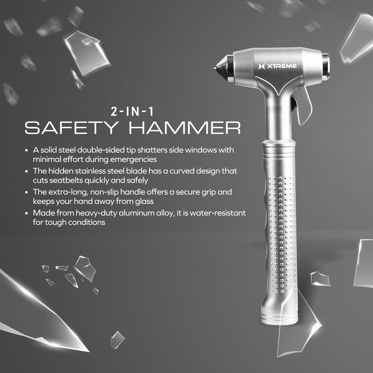 Car Safety Hammer Glass Window Breaker and Seatbelt Cutter for Automotive Emergency Escape, Water-Resistant Aluminum Alloy