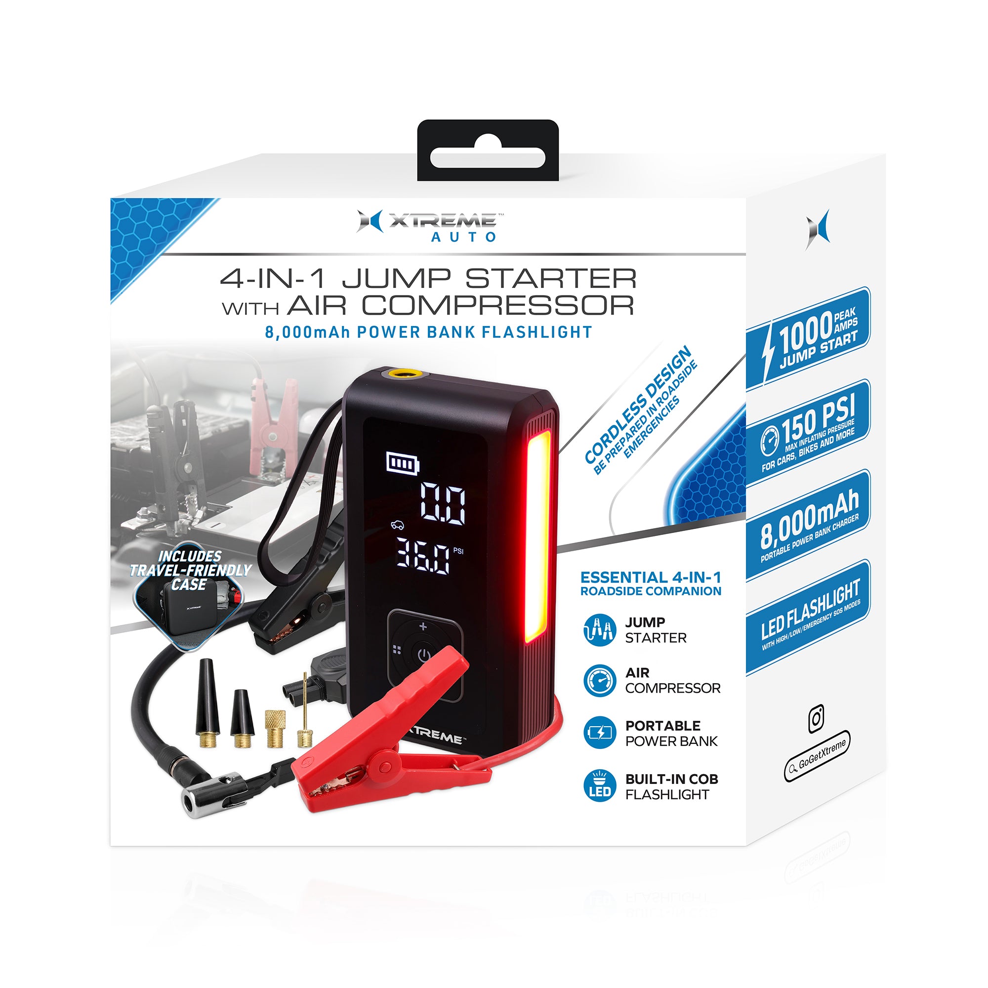 4-in-1 Jump Starter with Air Compressor, 1000 Peak Amps Car Battery Booster, 150 PSI Tire Inflator, 8000mAh Portable Power Bank, LED Flashlight