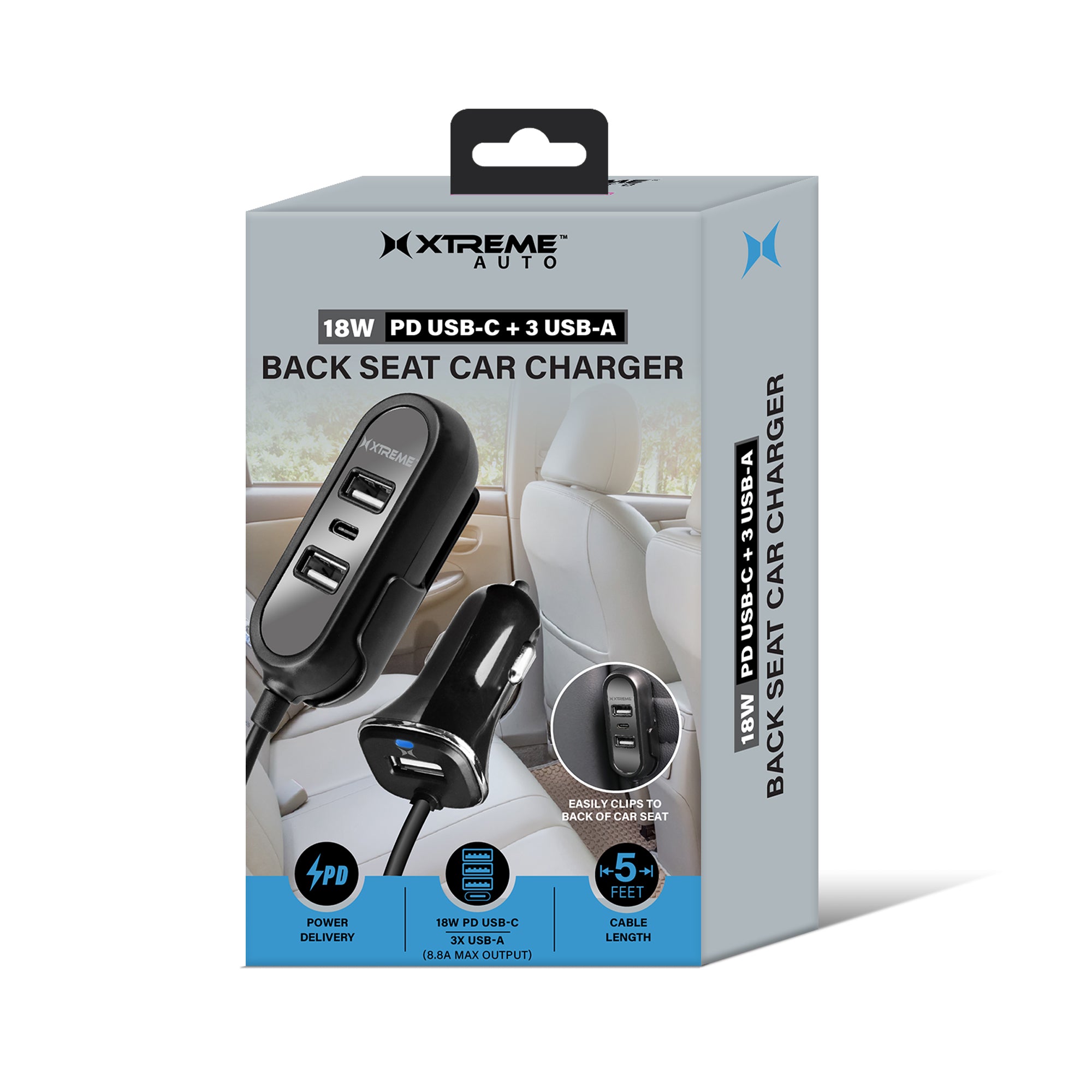 8.8A Multi-Port Car Charger with 18W PD Fast Charging, 5-Foot Cable, 3 USB-A & 1 Type-C Port for Rideshare & Road Trips