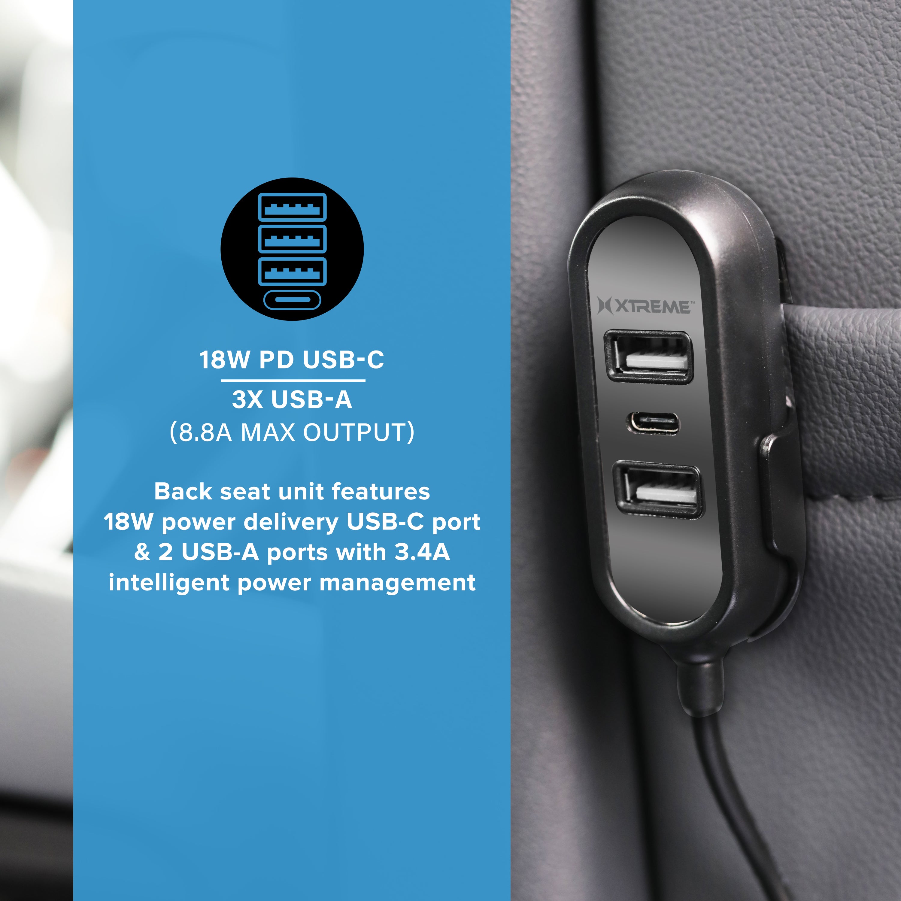 8.8A Multi-Port Car Charger with 18W PD Fast Charging, 5-Foot Cable, 3 USB-A & 1 Type-C Port for Rideshare & Road Trips