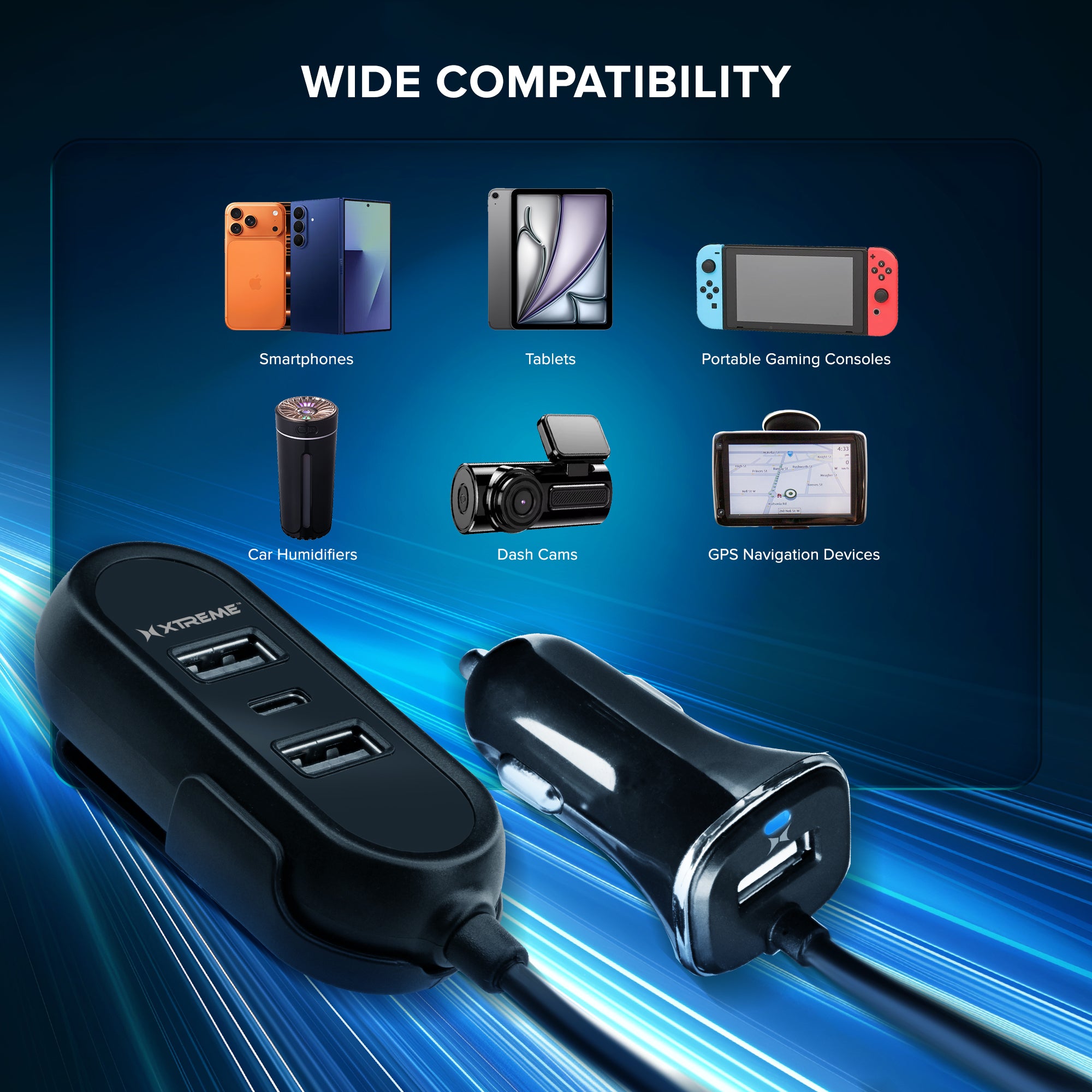 8.8A Multi-Port Car Charger with 18W PD Fast Charging, 5-Foot Cable, 3 USB-A & 1 Type-C Port for Rideshare & Road Trips