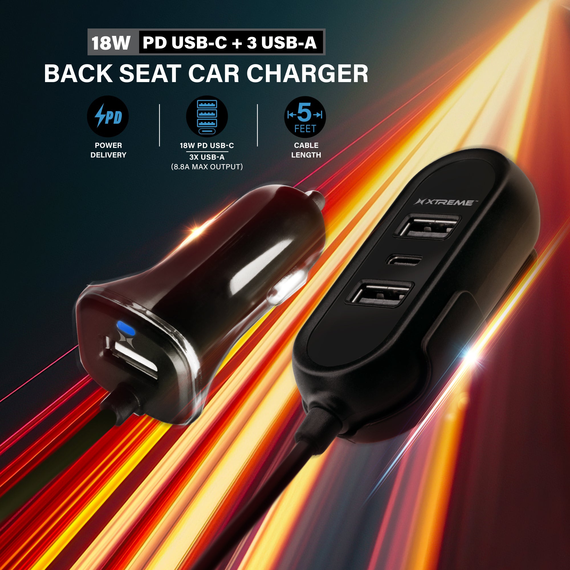 8.8A Multi-Port Car Charger with 18W PD Fast Charging, 5-Foot Cable, 3 USB-A & 1 Type-C Port for Rideshare & Road Trips