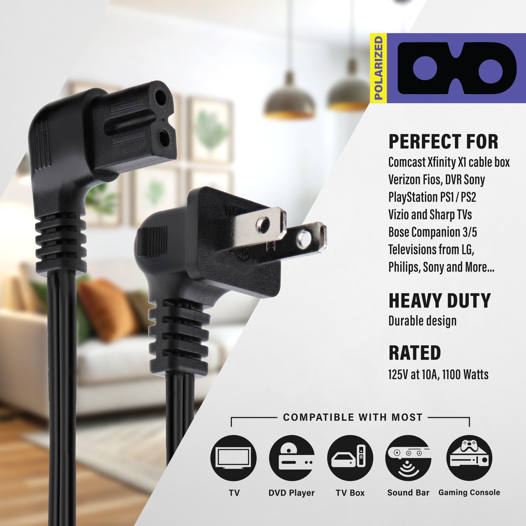 Polarized AC Power Cord (10 Feet), 90-Degree Right Angled 2-Slot Figure-8 Replacement Cable for TVs, Comcast Xfinity, Verizon Fios, PlayStation PS1/PS2, Soundbars