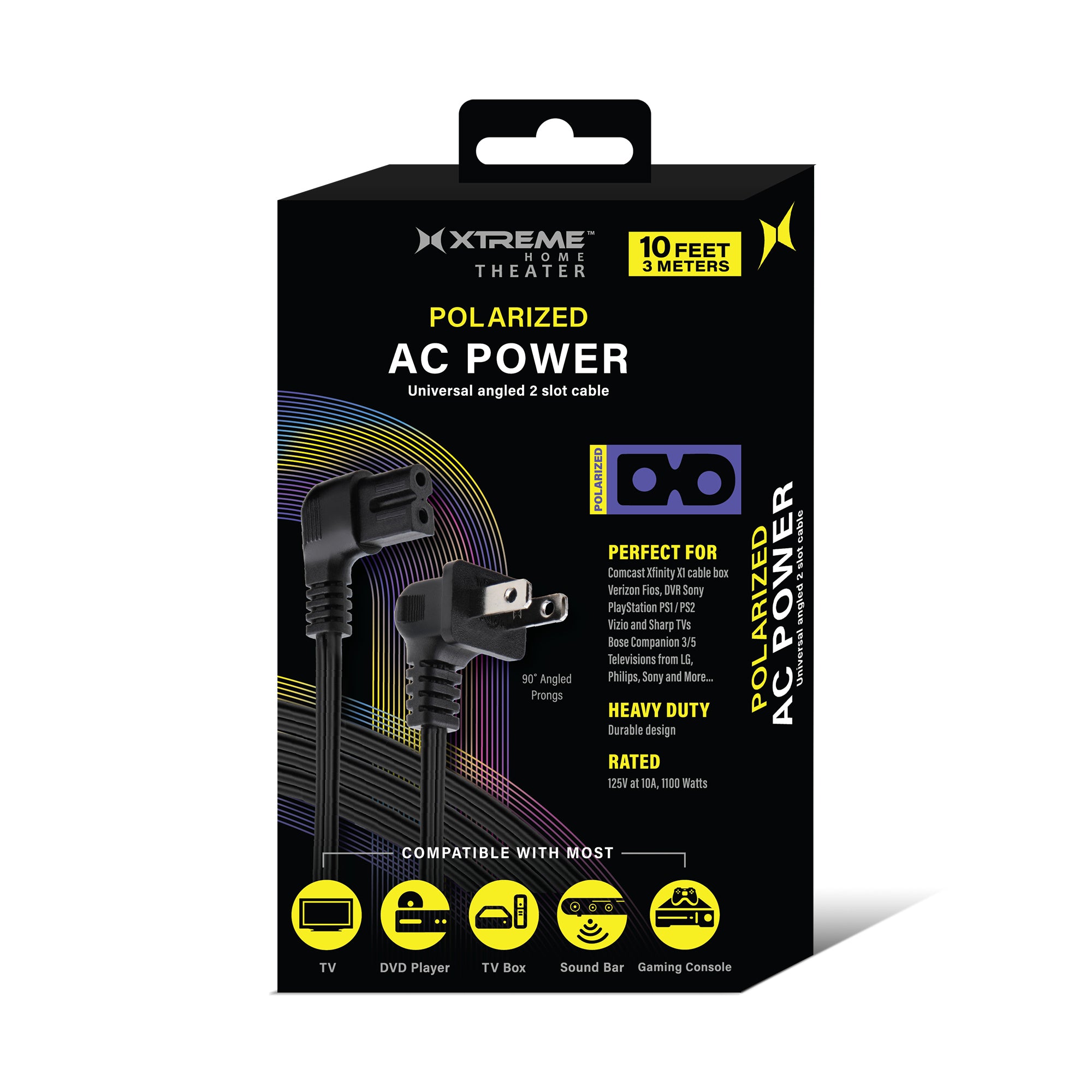 Polarized AC Power Cord (10 Feet), 90-Degree Right Angled 2-Slot Figure-8 Replacement Cable for TVs, Comcast Xfinity, Verizon Fios, PlayStation PS1/PS2, Soundbars