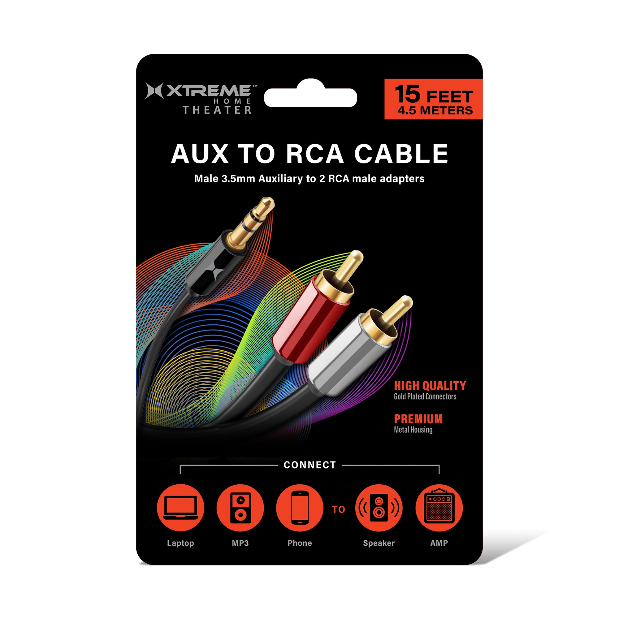 15ft 3.5mm to 2-Male RCA Audio Stereo Adapter Cable - Gold-Plated, Extra Long Auxiliary Cord for Speakers, TV, Home Theater Systems, Smartphones, Laptops