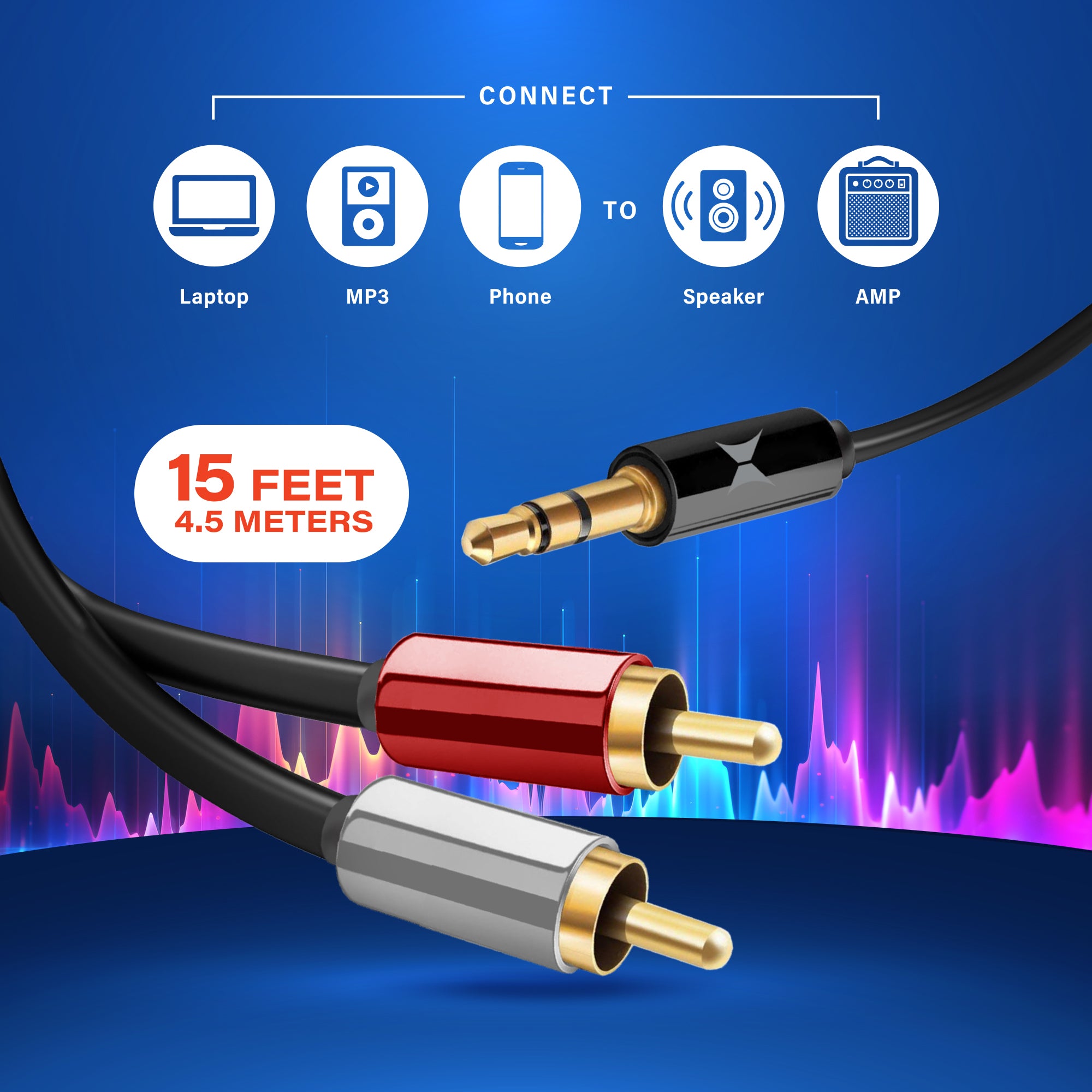 15ft 3.5mm to 2-Male RCA Audio Stereo Adapter Cable - Gold-Plated, Extra Long Auxiliary Cord for Speakers, TV, Home Theater Systems, Smartphones, Laptops