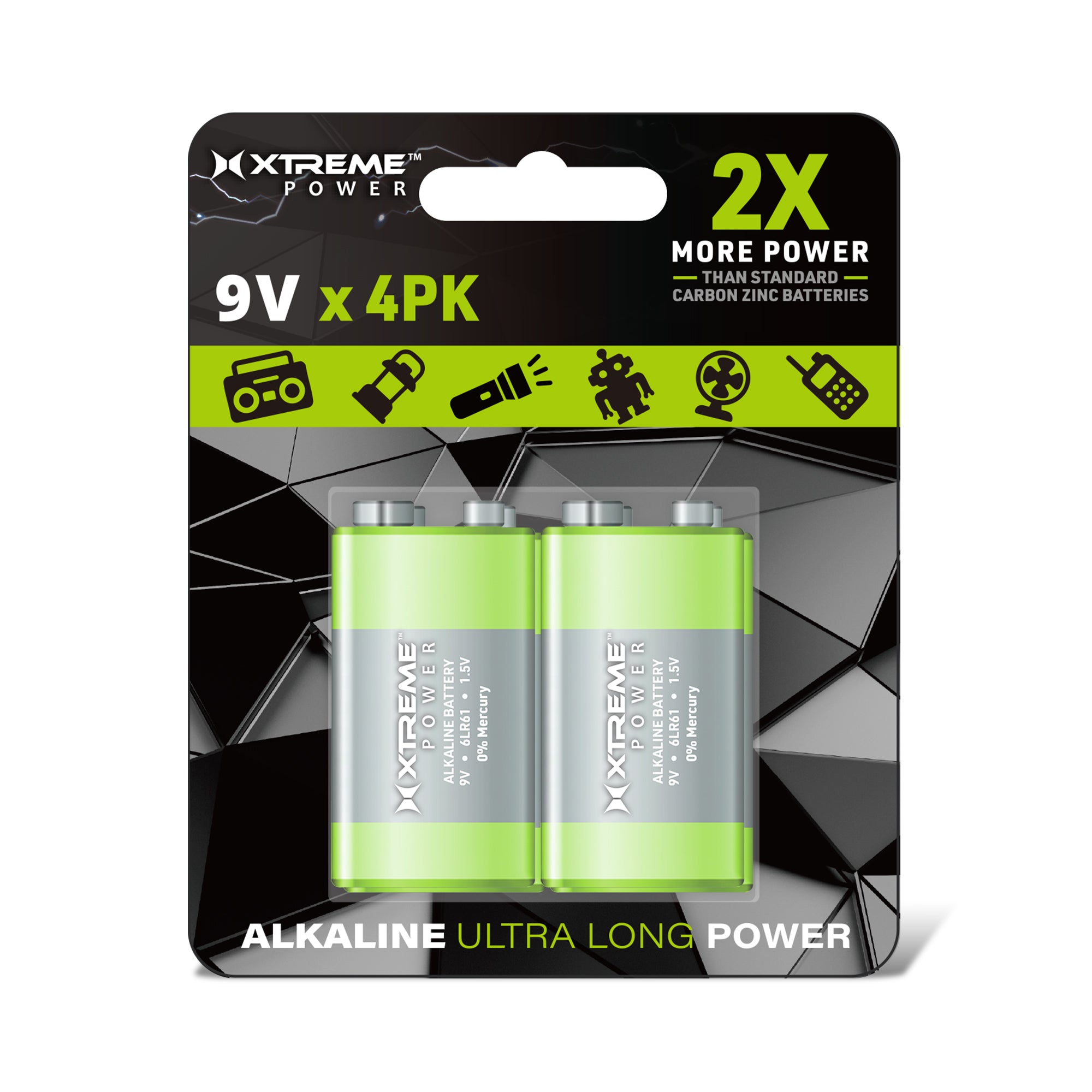 9V Alkaline Batteries (4-Pack), 6LR61 1.5V Ultra Long Power Batteries for Smoke Detectors, Multimeters, and Alarms (0% Mercury)