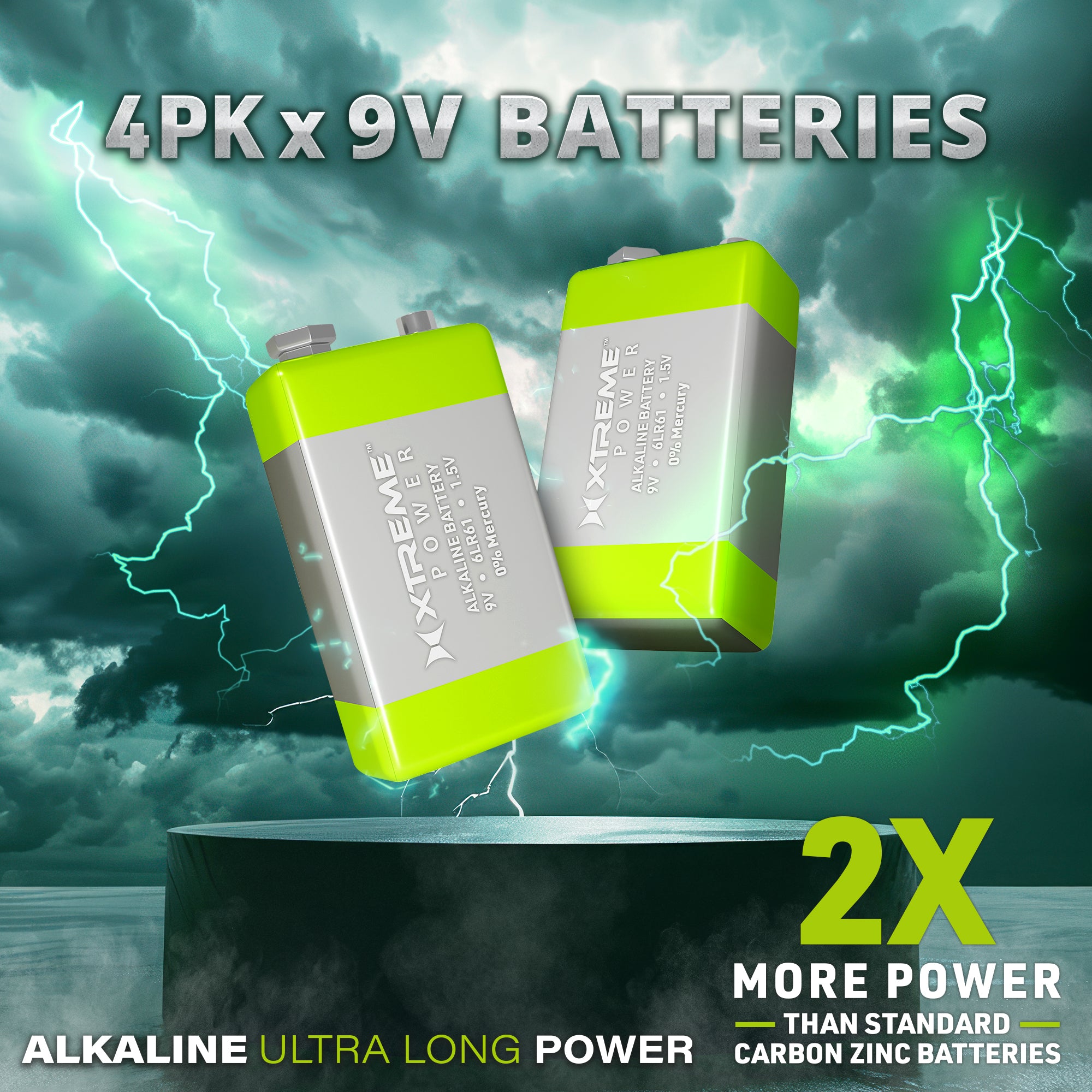 9V Alkaline Batteries (4-Pack), 6LR61 1.5V Ultra Long Power Batteries for Smoke Detectors, Multimeters, and Alarms (0% Mercury)