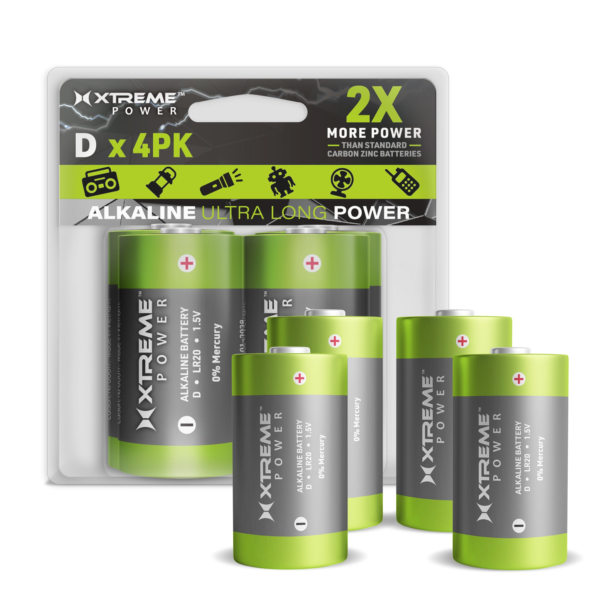 D Alkaline Batteries (4-Pack), 1.5V LR20 Ultra Long Power Double D Batteries for Heavy-Duty Lanterns, Flashlights, and Air Pumps (0% Mercury)