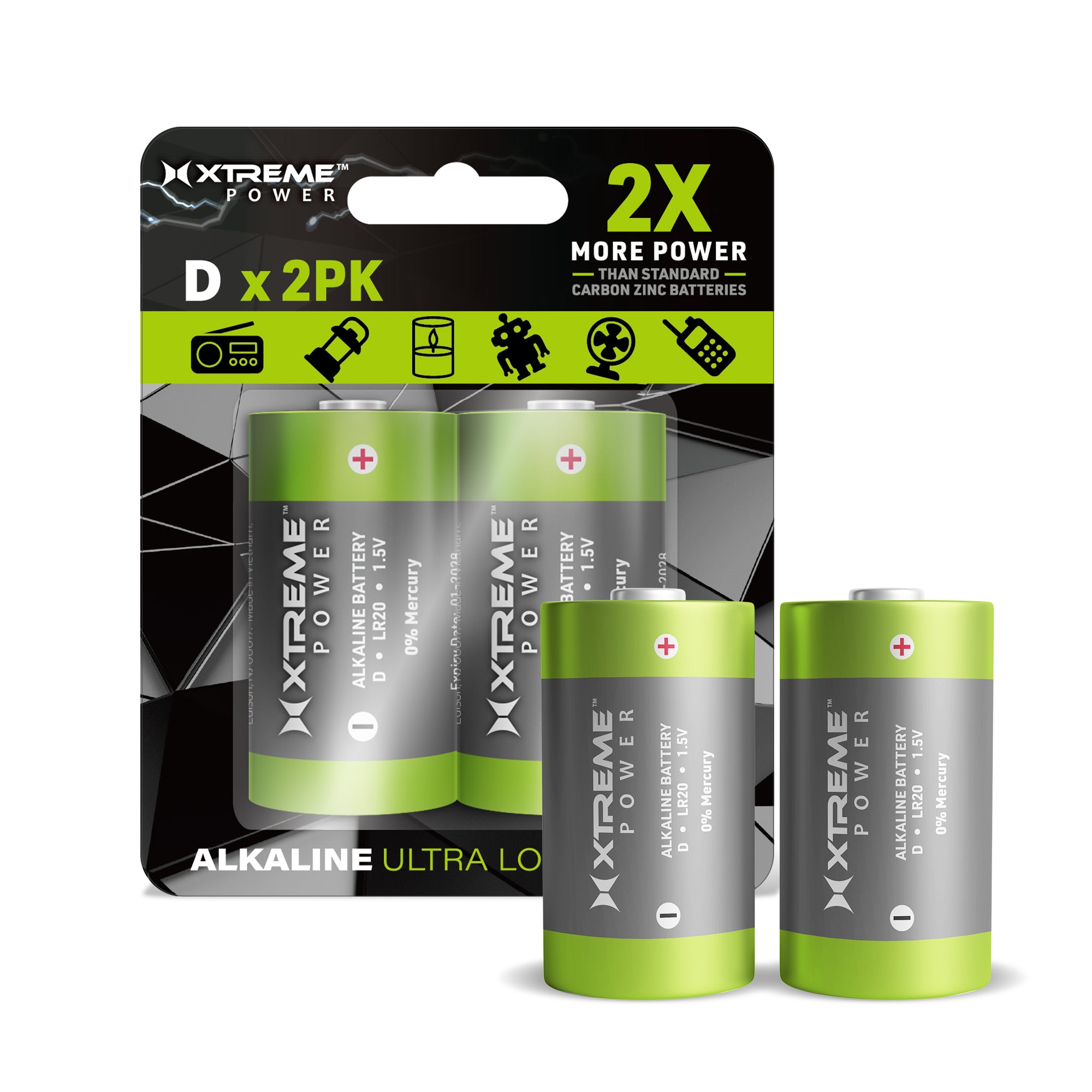 D Alkaline Batteries (2-Pack), 1.5V LR20 Ultra Long Power Double D Batteries for Heavy-Duty Lanterns, Flashlights, and Air Pumps (0% Mercury)