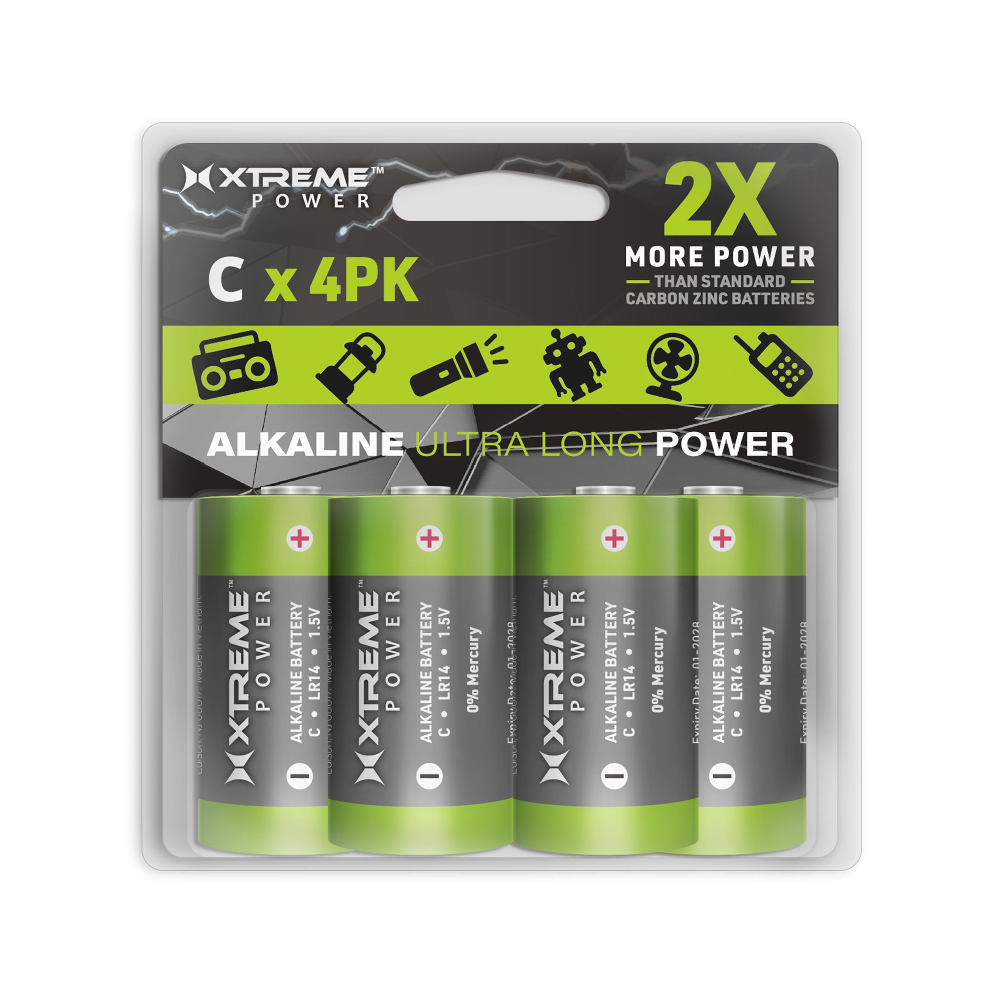 C Alkaline Batteries (4-Pack), 1.5V LR14 Ultra Long Power Batteries for Flashlights, Toys, and Handheld Massagers (0% Mercury)