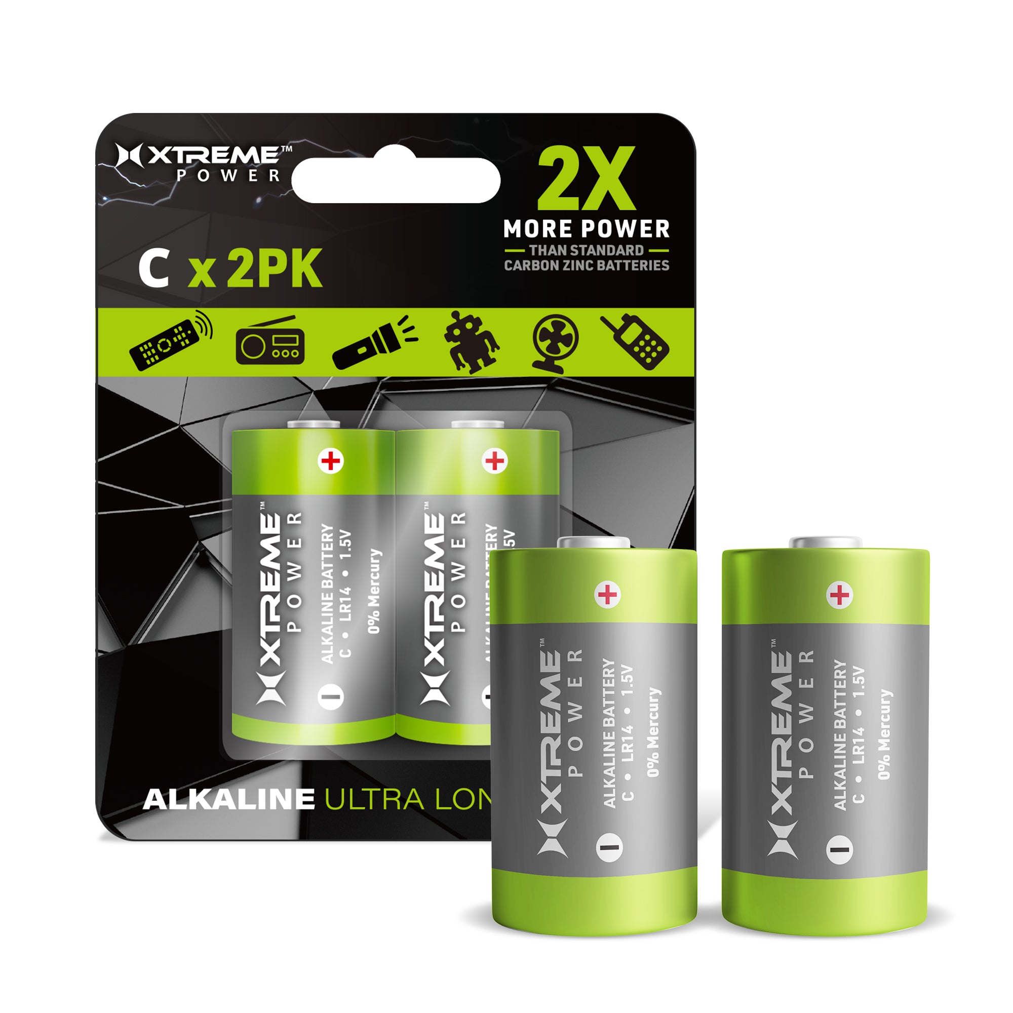 C Alkaline Batteries (2-Pack), 1.5V LR14 Ultra Long Power Batteries for Flashlights, Toys, and Handheld Massagers (0% Mercury)