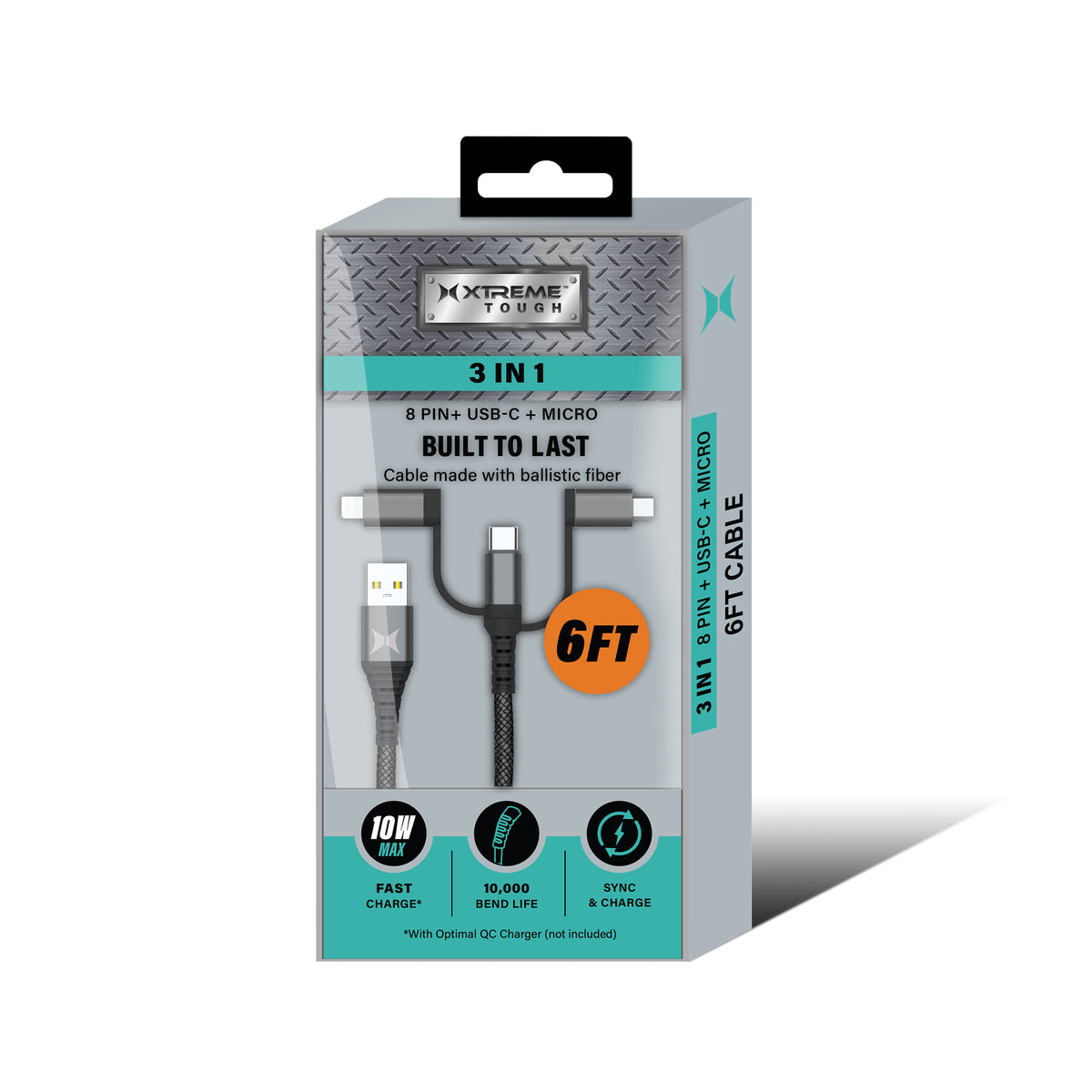 Tough 6 ft. 3-in-1 Ballistic Fiber Charging Cable, Lightning, USB-C & Micro USB Connectors, Gray