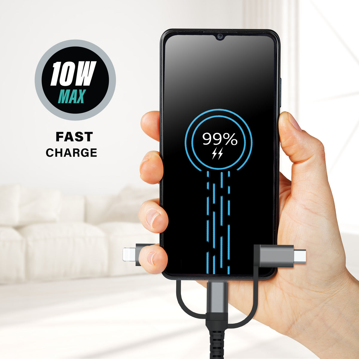 Tough 6 ft. 3-in-1 Ballistic Fiber Charging Cable, Lightning, USB-C & Micro USB Connectors, Gray