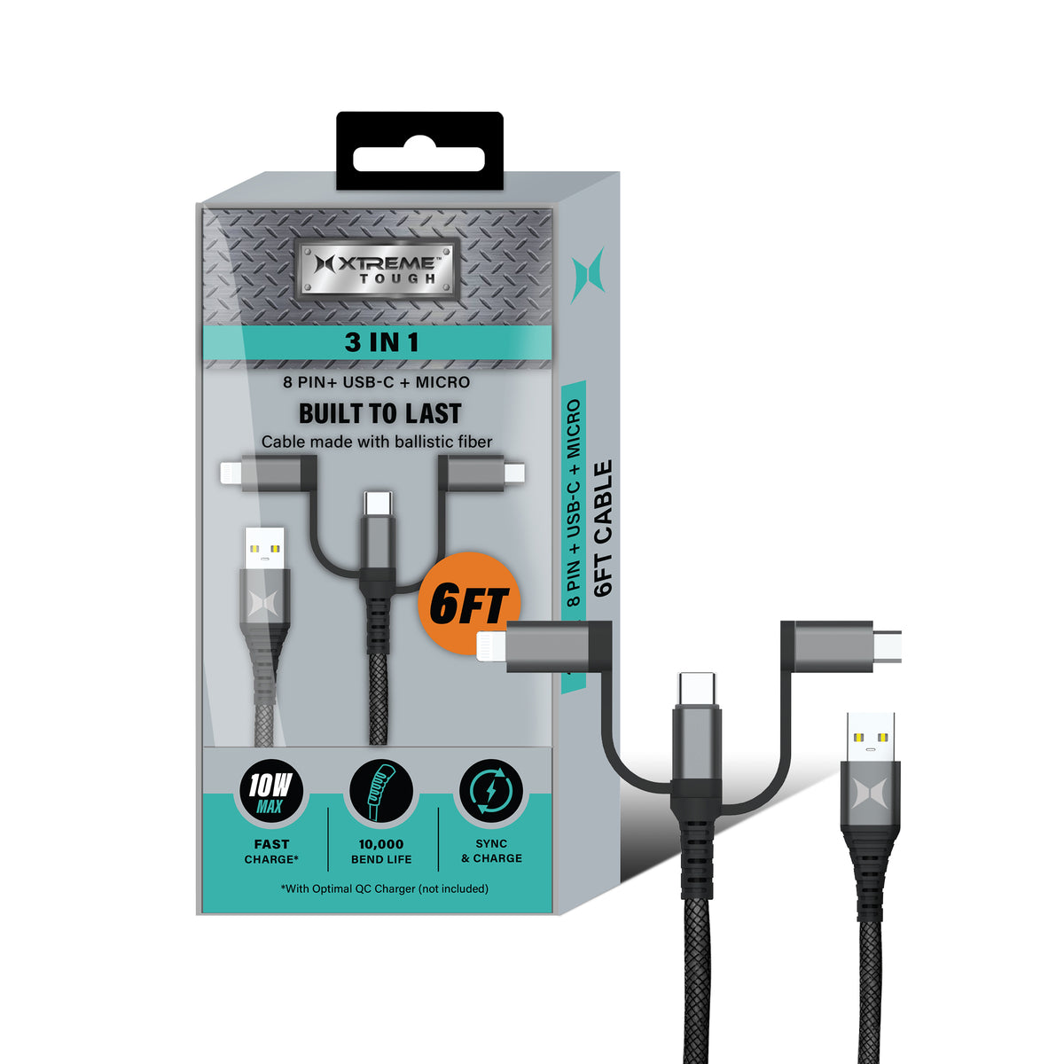 Tough 6 ft. 3-in-1 Ballistic Fiber Charging Cable, Lightning, USB-C & Micro USB Connectors, Gray