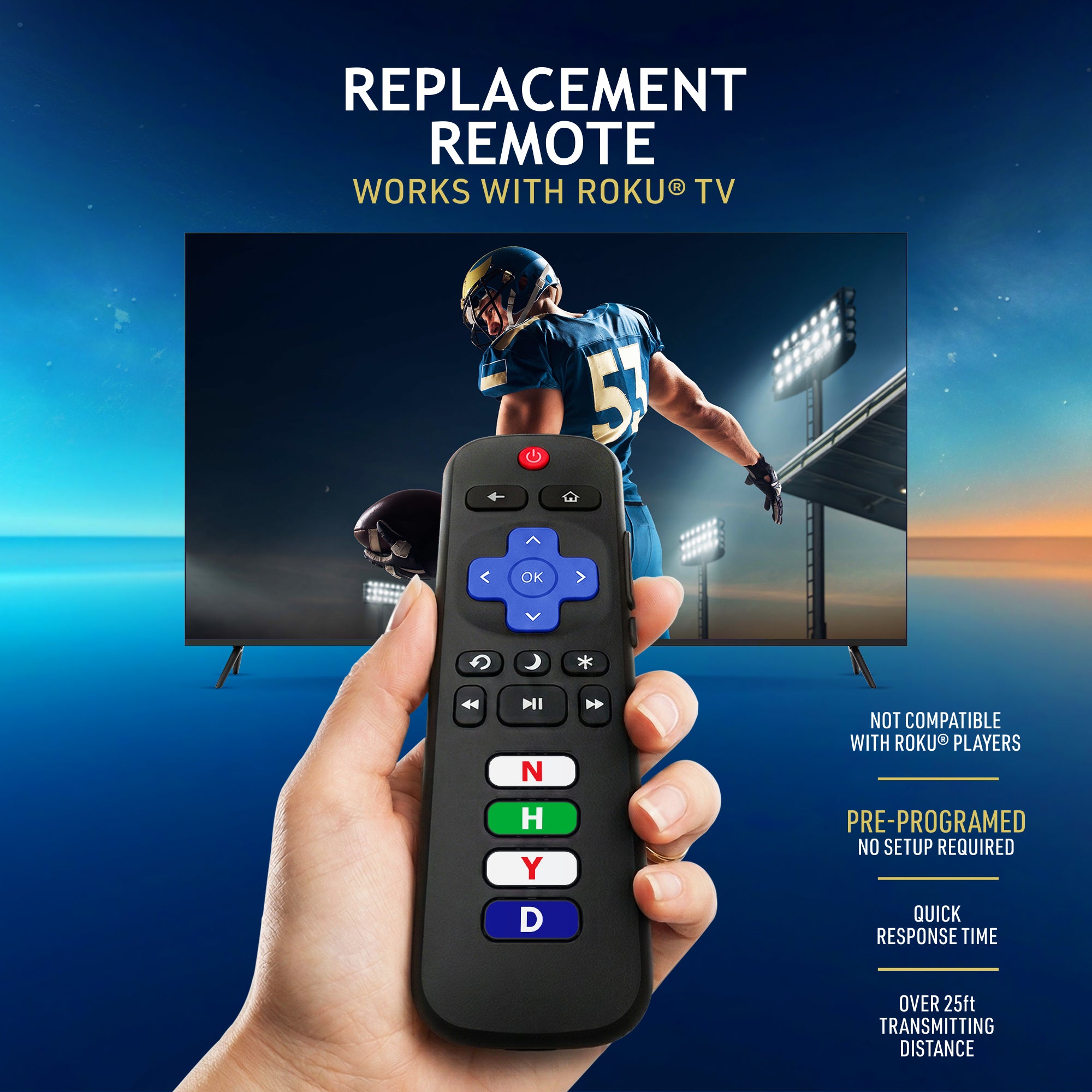 Xtreme Universal Replacement Remote for Roku Smart TVs – Pre-Programed with Netflix, Hulu, Disney+, and YouTube Hotkeys