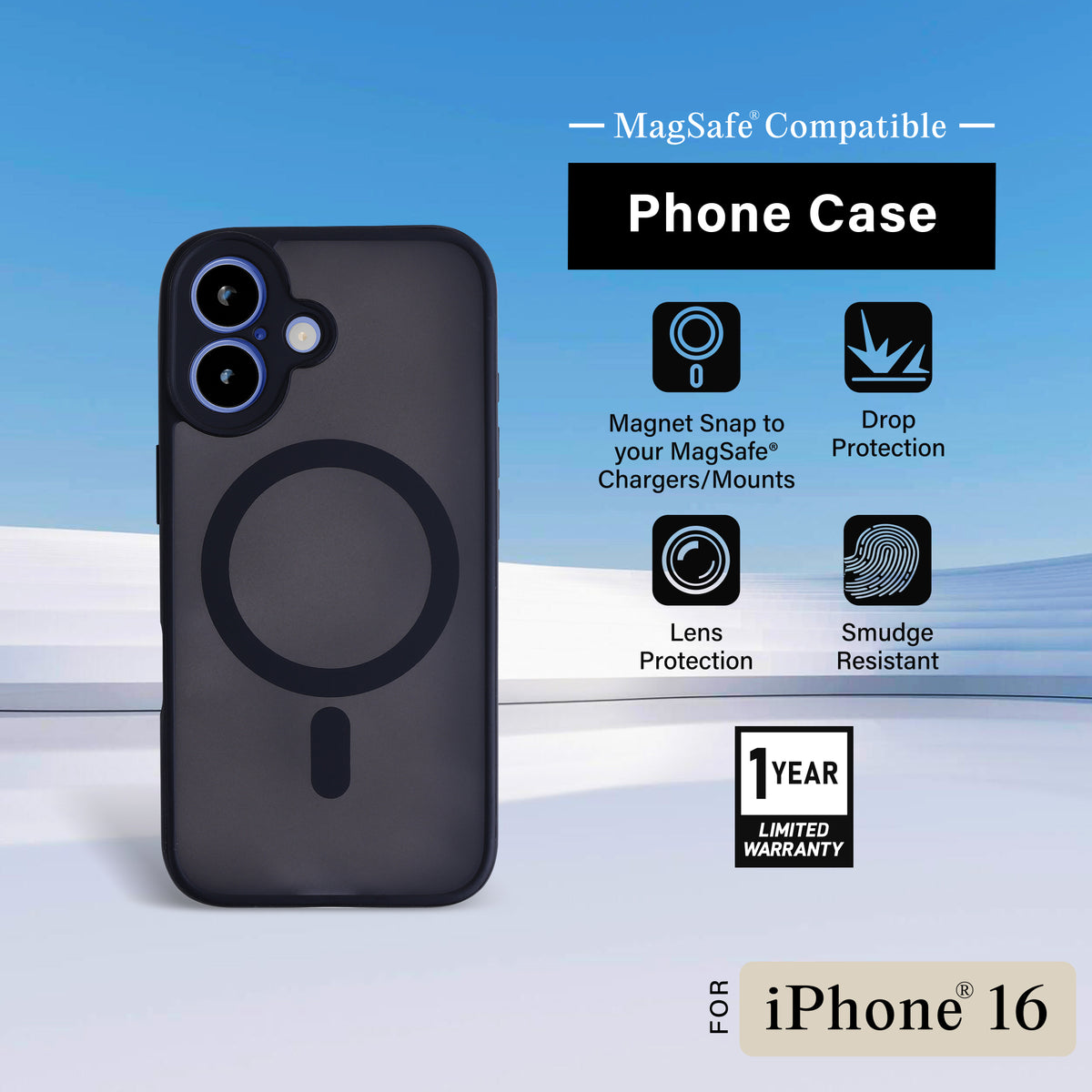 iPhone 16 Protective Phone Case, Shock-Absorbing Slim Cover with Raised Screen & Camera Edges, Black