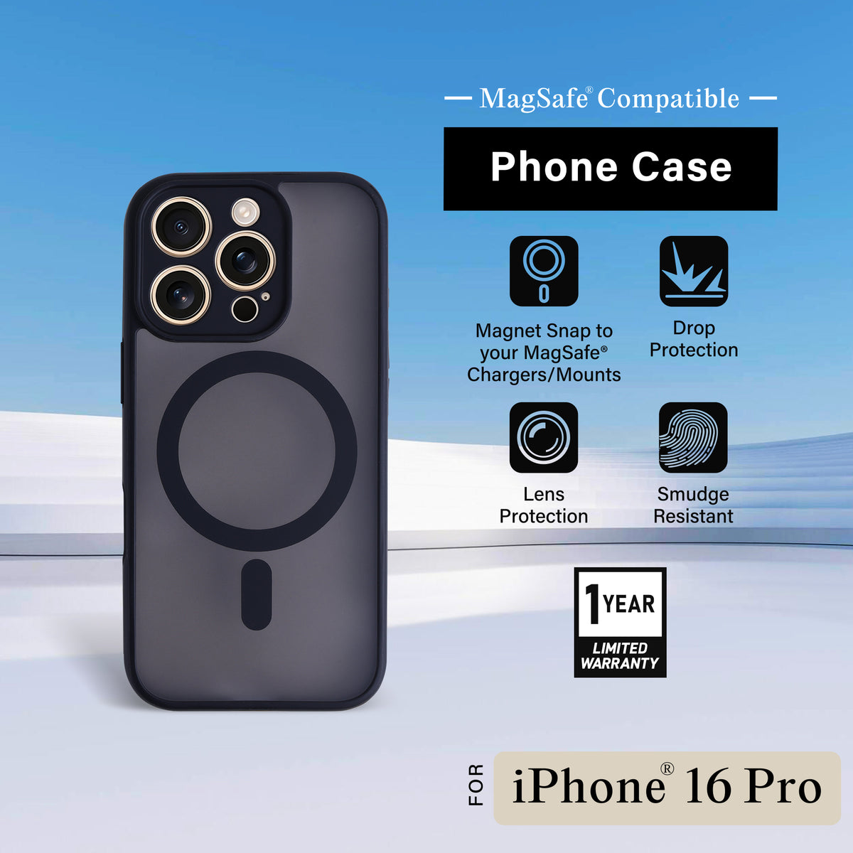 iPhone 16 Pro Protective Phone Case, Shock-Absorbing Slim Cover with Raised Screen & Camera Edges, Black