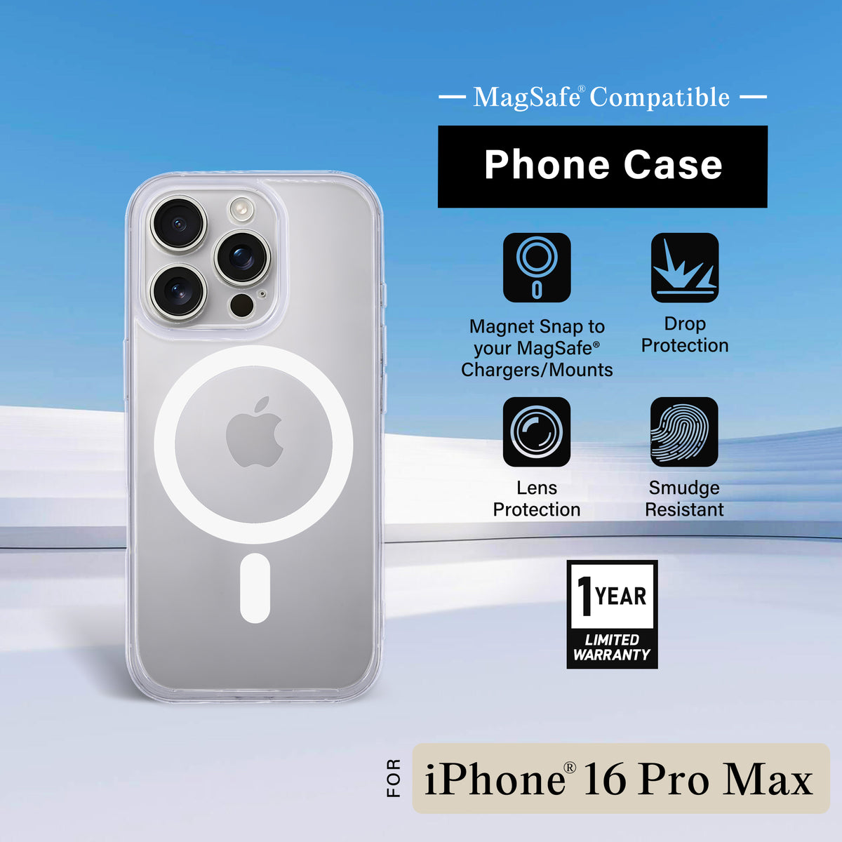 iPhone 16 Pro Max Protective Phone Case, Shock-Absorbing Slim Cover with Raised Screen & Camera Edges, Clear