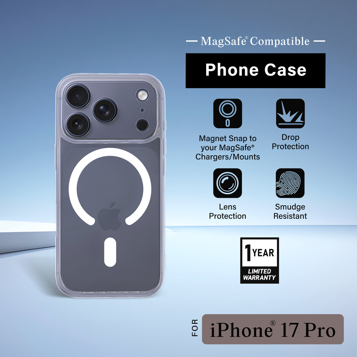 iPhone 17 Pro Protective Phone Case, Shock-Absorbing Slim Cover with Raised Screen & Camera Edges, Clear