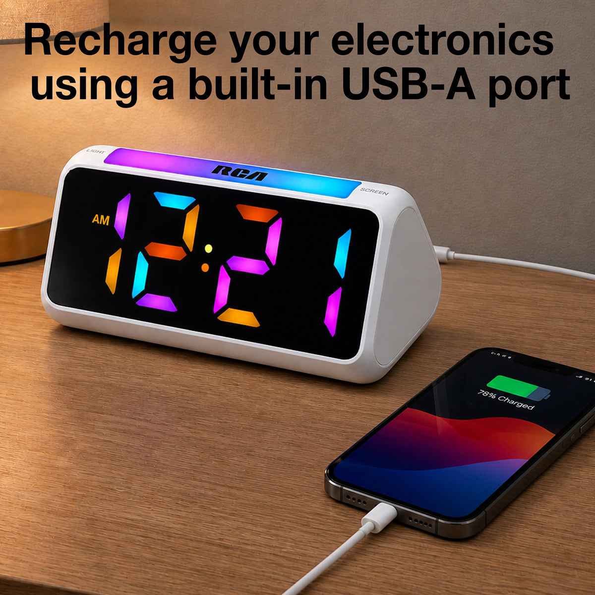 RCA Color Changing Digital Alarm Clock – 2" LED Display, Dual Alarm, USB Charging, Adjustable Brightness