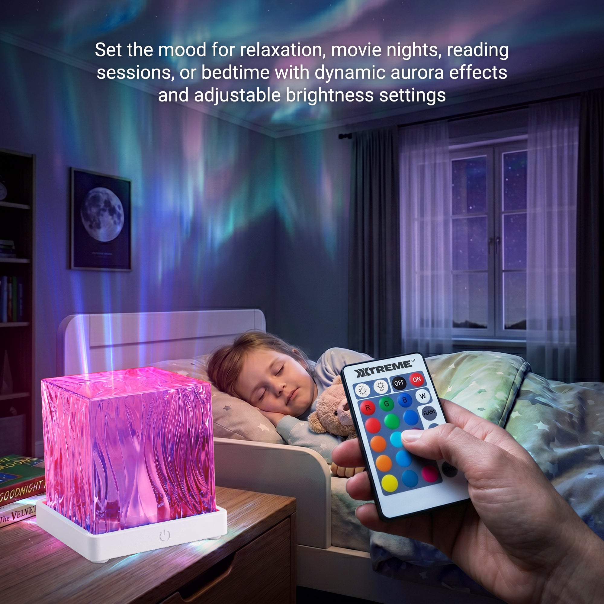 Xtreme Lit Northern Lights Cube Projector with Remote – 16 RGB Colors & 360-Degree Ambient Ceiling Projection