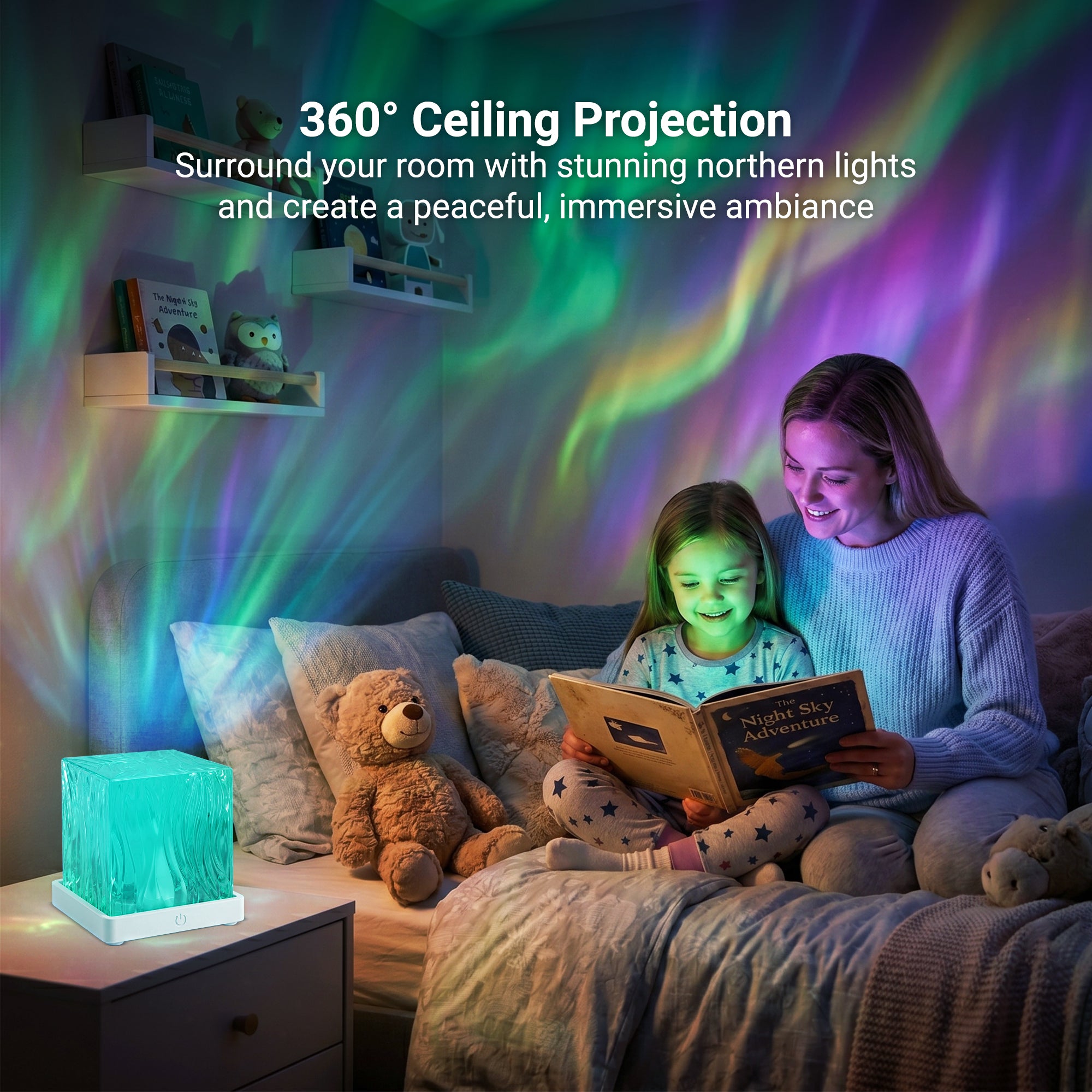Xtreme Lit Northern Lights Cube Projector with Remote – 16 RGB Colors & 360-Degree Ambient Ceiling Projection