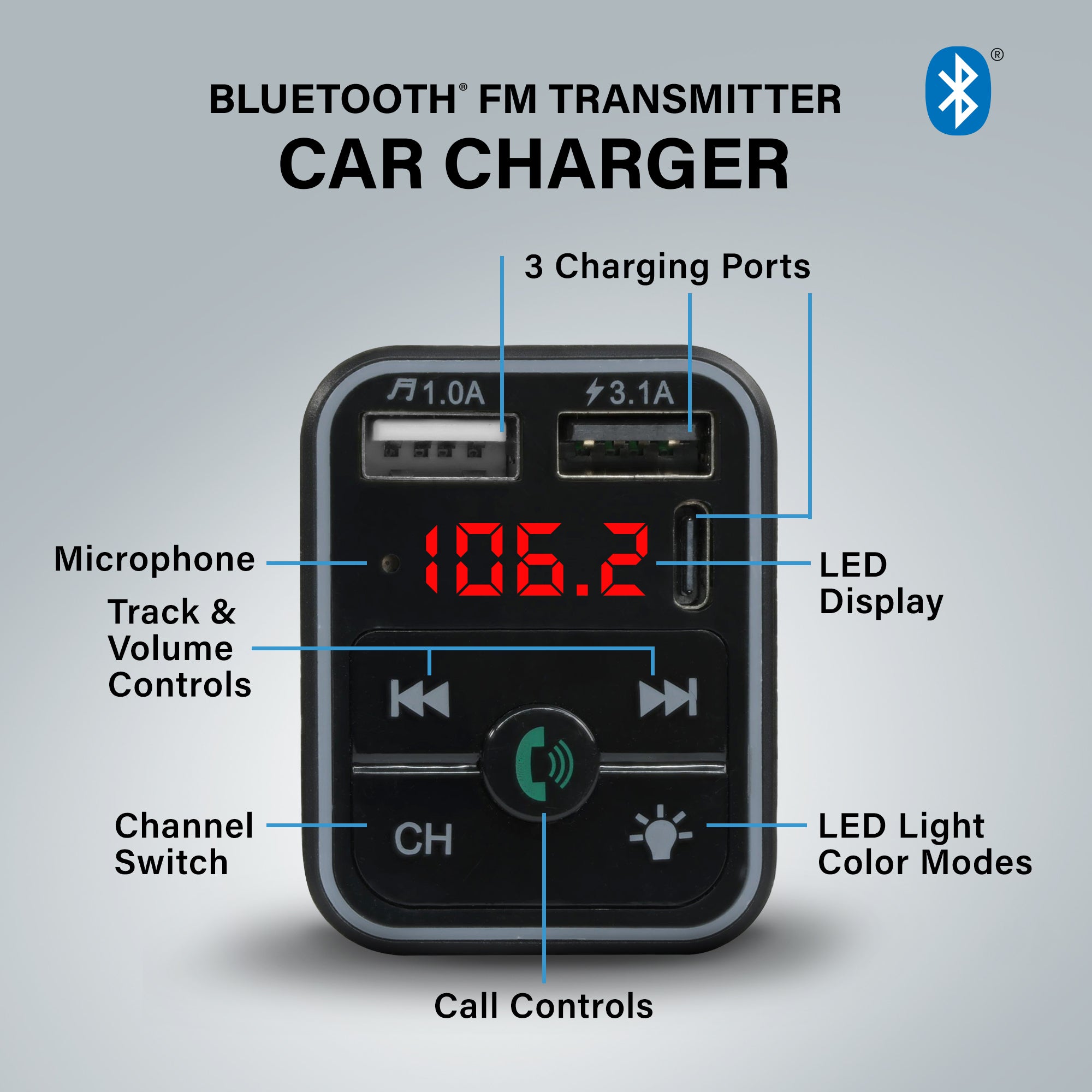 15W Bluetooth FM Transmitter Car Charger, Wireless Audio Adapter with Hands-Free Calling, 3 Charging Ports (USB-C & Dual USB-A), Flash Drive Reader, and Multicolor LED Accent Light
