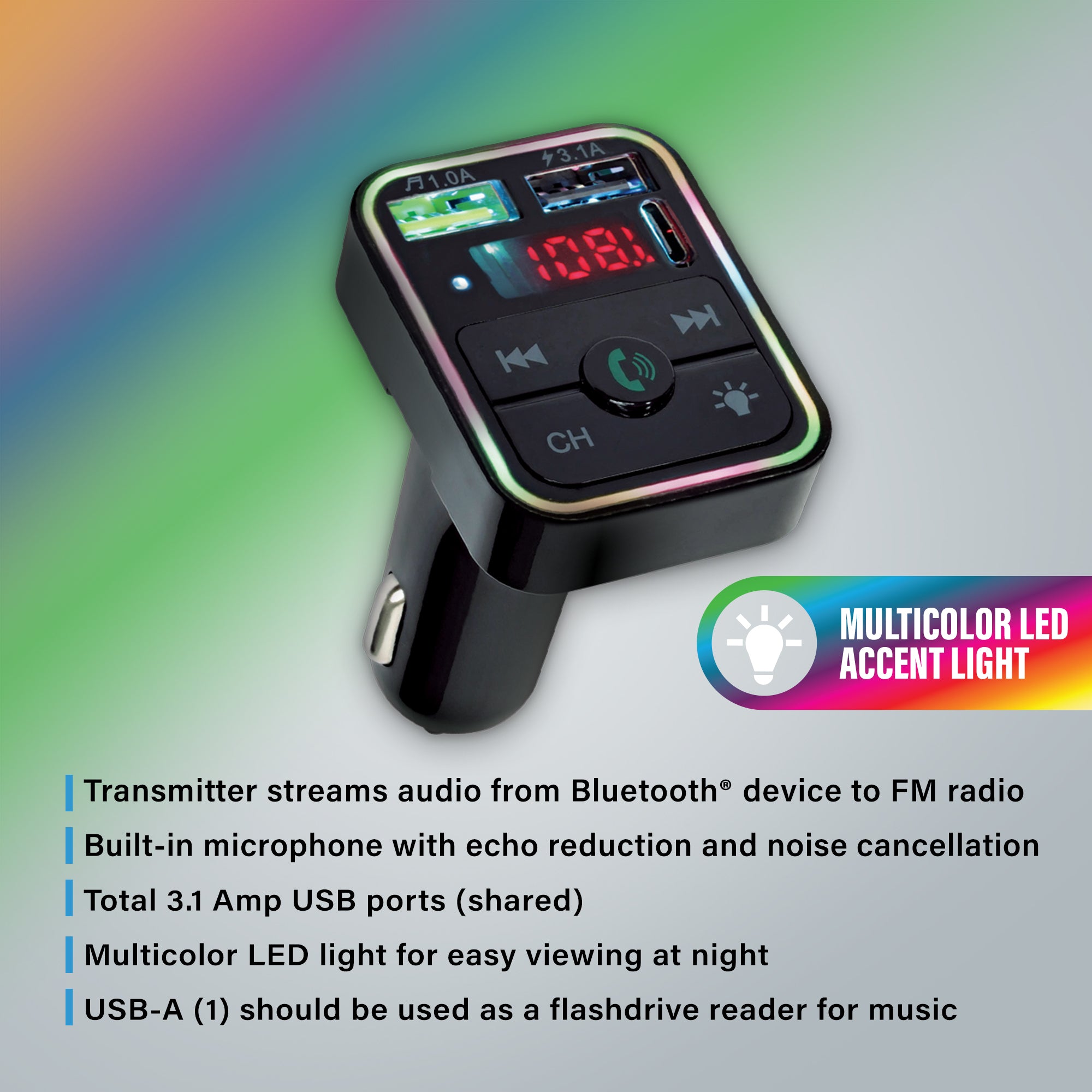 15W Bluetooth FM Transmitter Car Charger, Wireless Audio Adapter with Hands-Free Calling, 3 Charging Ports (USB-C & Dual USB-A), Flash Drive Reader, and Multicolor LED Accent Light