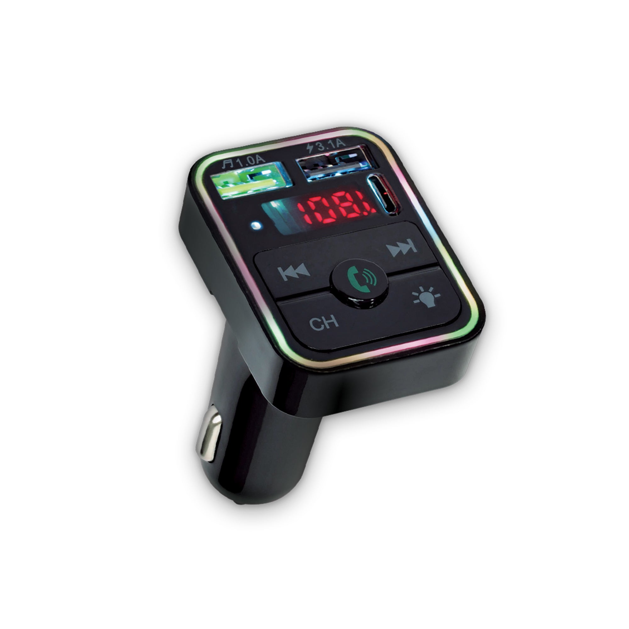 15W Bluetooth FM Transmitter Car Charger, Wireless Audio Adapter with Hands-Free Calling, 3 Charging Ports (USB-C & Dual USB-A), Flash Drive Reader, and Multicolor LED Accent Light