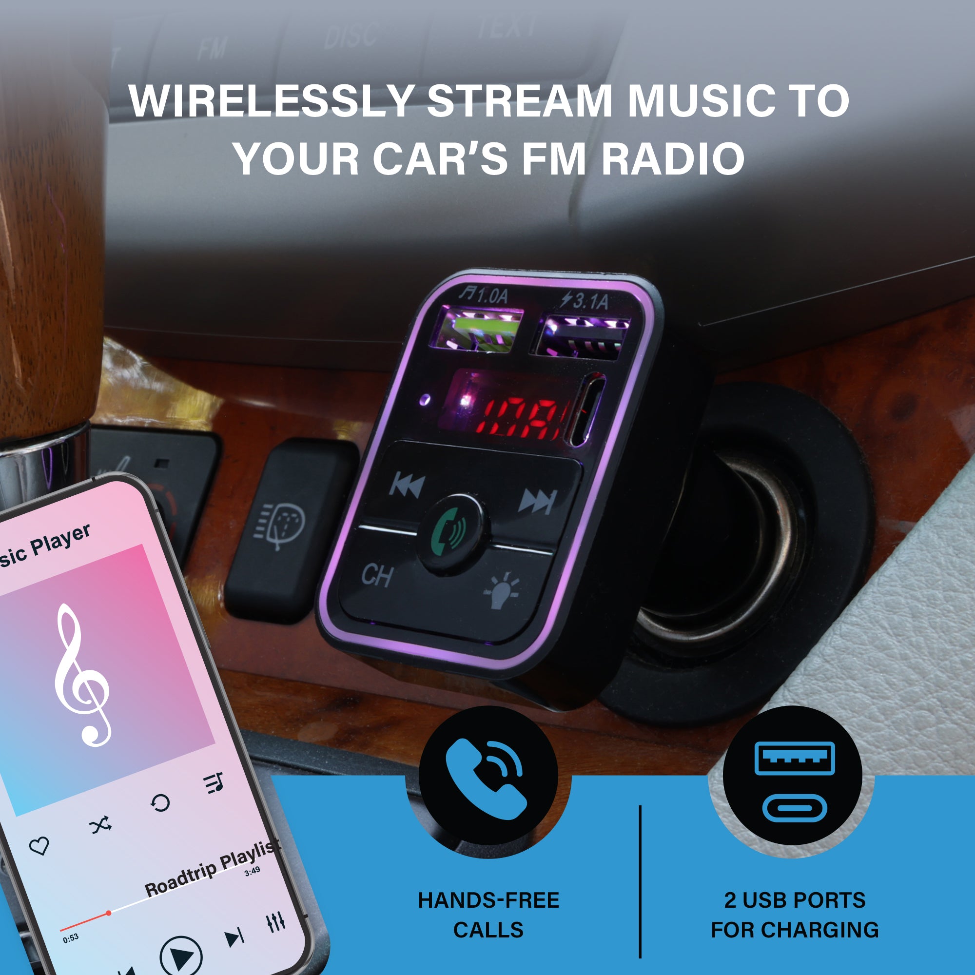 15W Bluetooth FM Transmitter Car Charger, Wireless Audio Adapter with Hands-Free Calling, 3 Charging Ports (USB-C & Dual USB-A), Flash Drive Reader, and Multicolor LED Accent Light