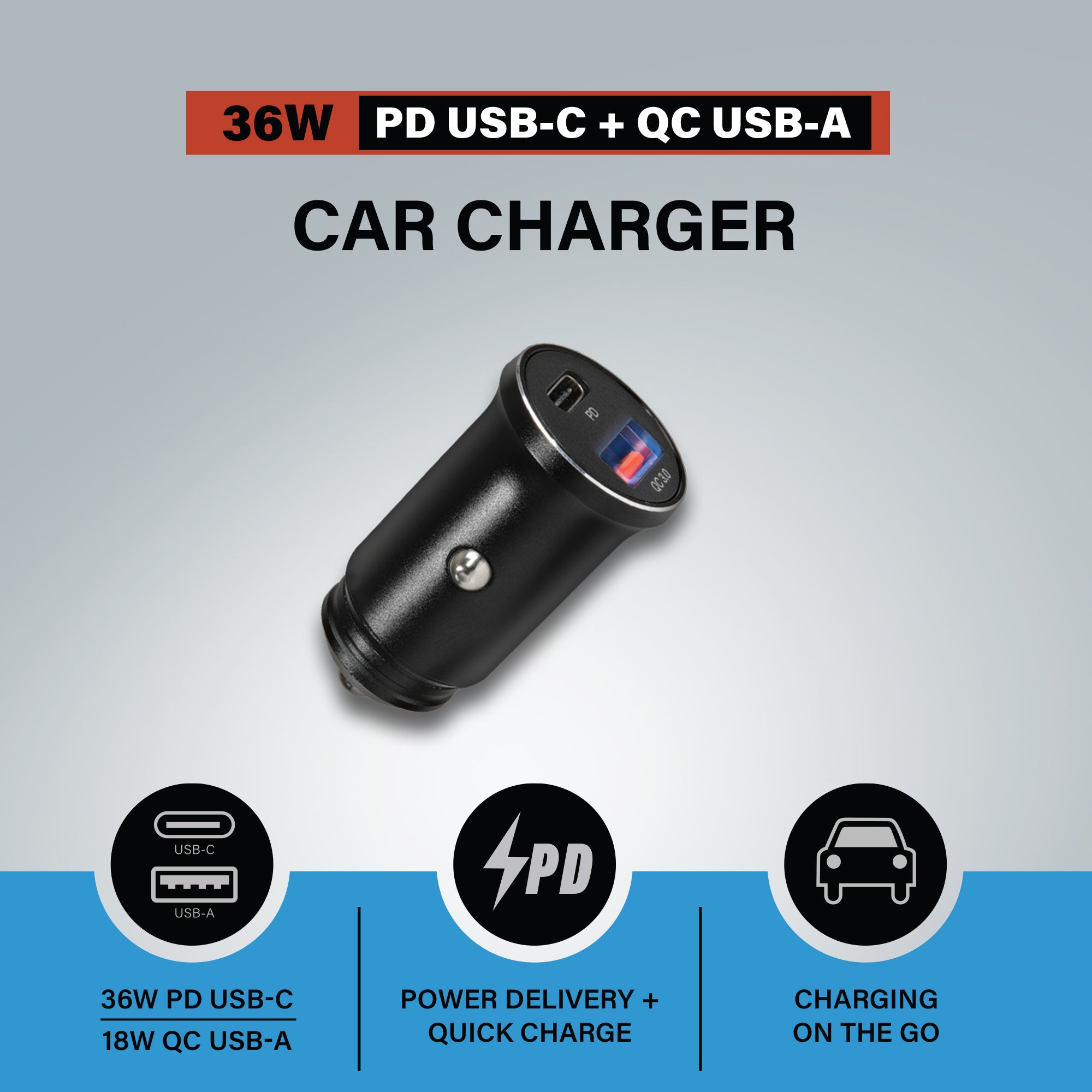 Xtreme Power Pro Series 54W Dual Port Car Charger (36W USB-C PD + 18W USB-A QC)