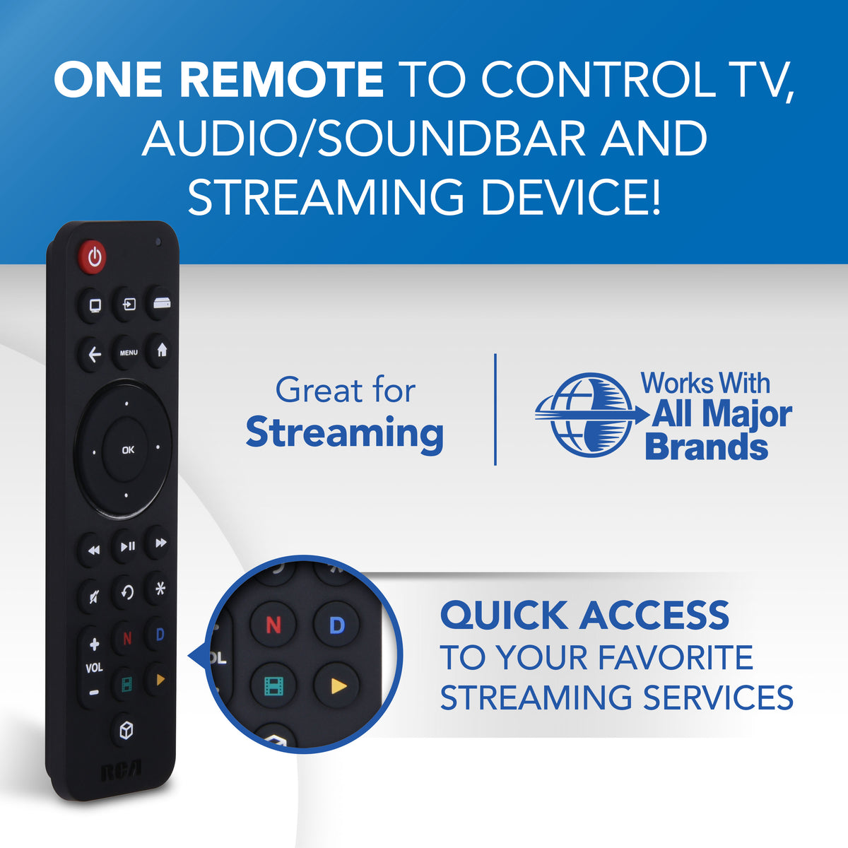 RCA Rechargeable 3-Device Universal Streaming Remote Control for TV, Soundbar & Streaming Players, USB-C Charging