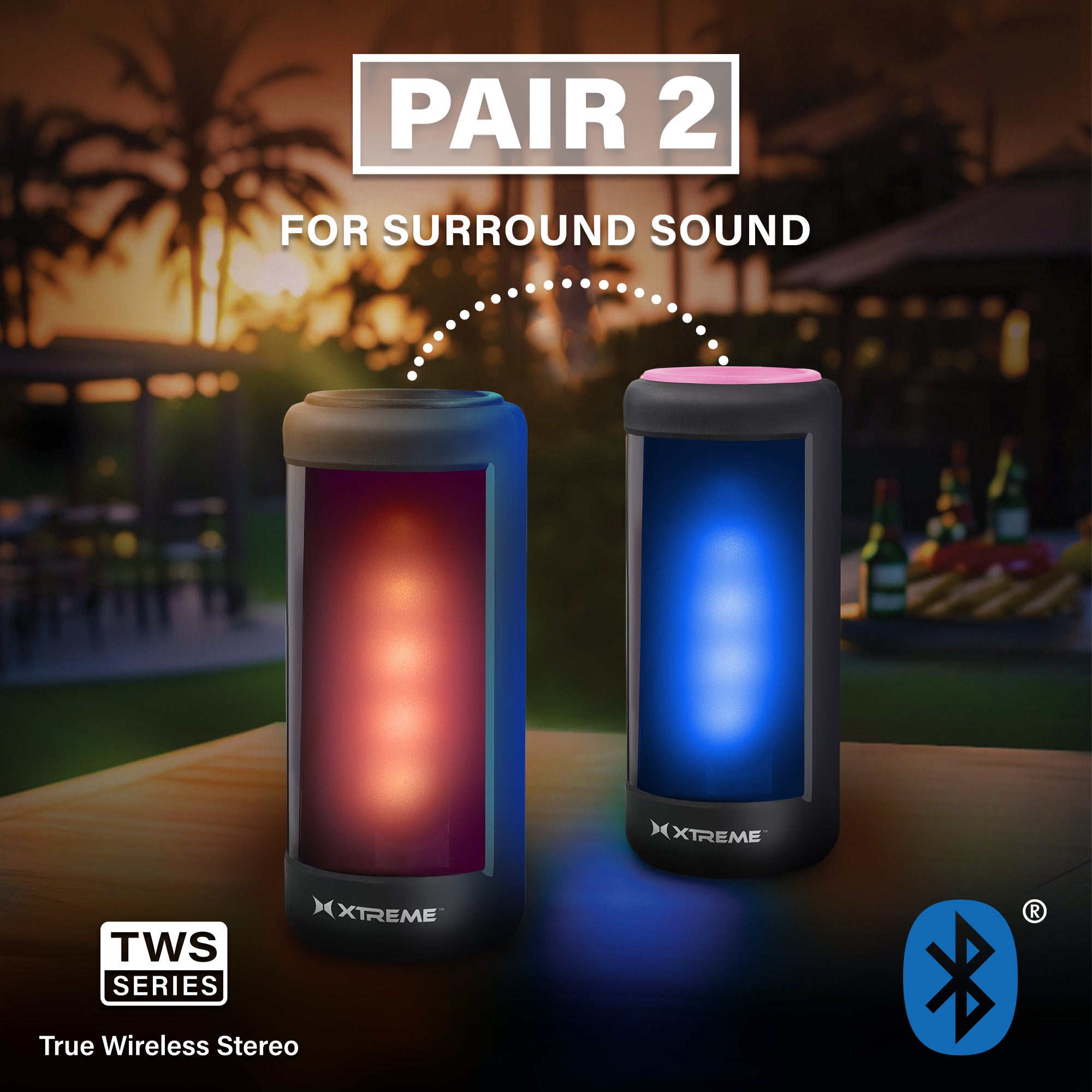 Xtra-Glow LED Light Show TWS Bluetooth Speaker, Portable Wireless RGB Multicolor Speaker with Integrated Carry Handle, Rechargeable 600mAh Battery