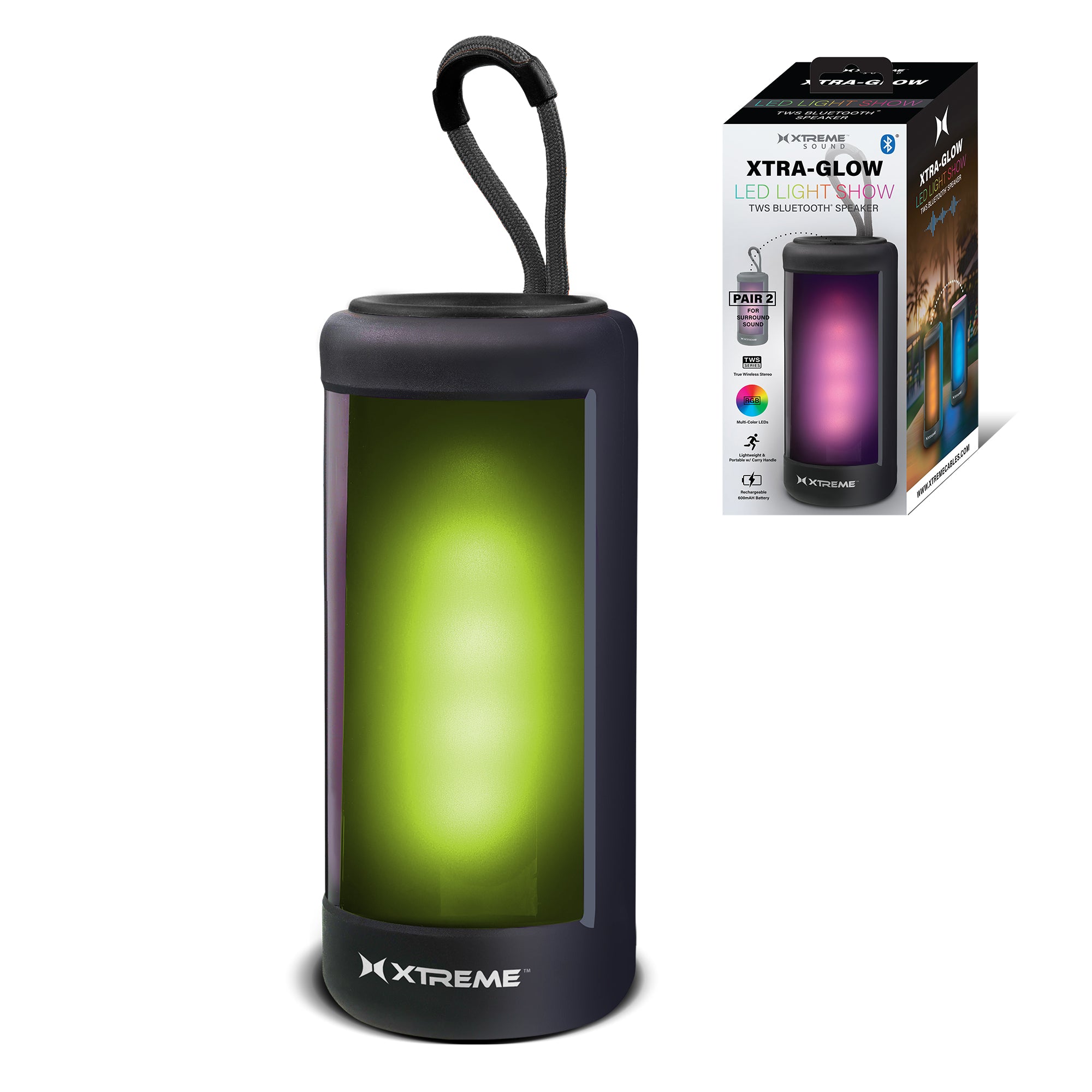Xtra-Glow LED Light Show TWS Bluetooth Speaker, Portable Wireless RGB Multicolor Speaker with Integrated Carry Handle, Rechargeable 600mAh Battery