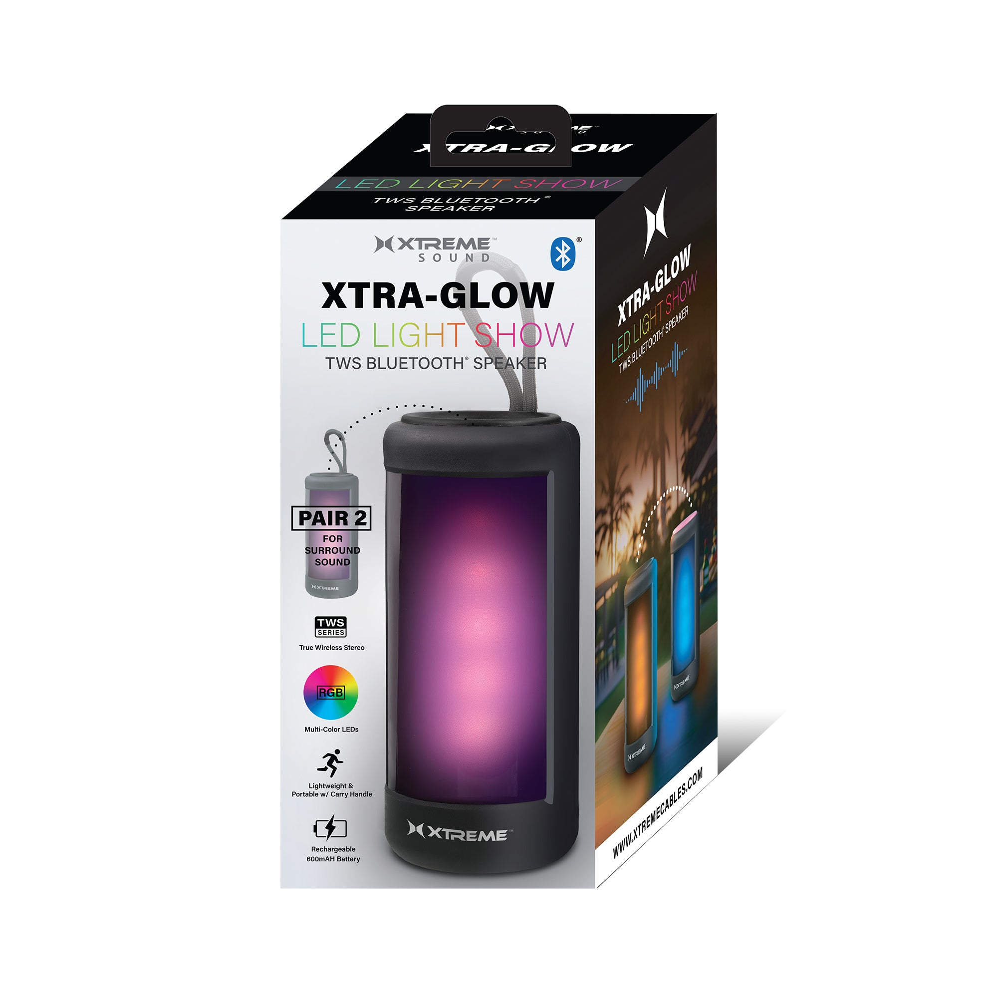 Xtra-Glow LED Light Show TWS Bluetooth Speaker, Portable Wireless RGB Multicolor Speaker with Integrated Carry Handle, Rechargeable 600mAh Battery