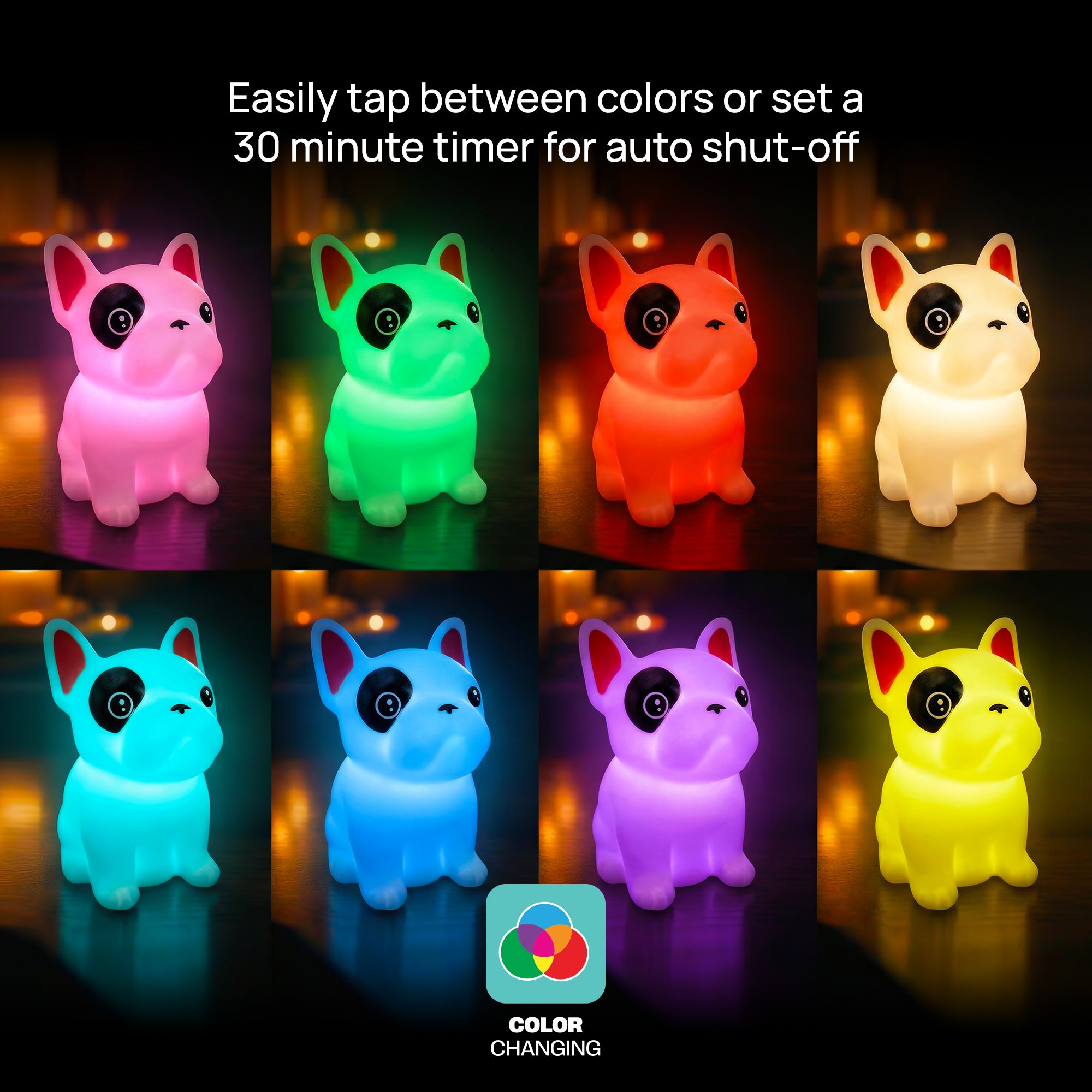 Soft Touch French Bulldog LED Night Light – Tap Control RGB Color Changing Lamp with Sleep Timer