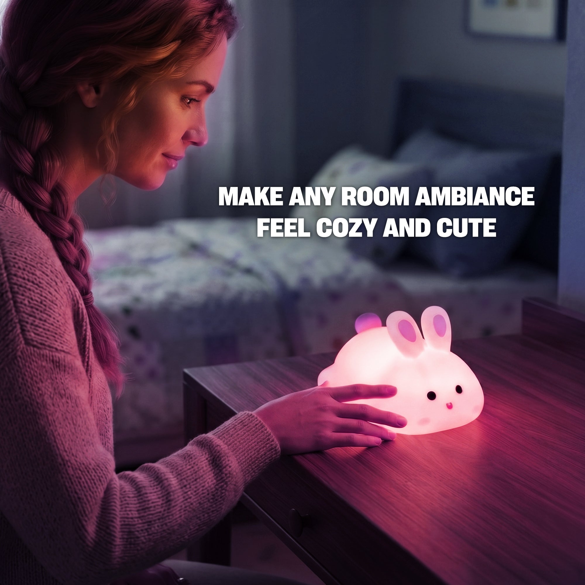 Soft Touch Bunny LED Night Light – Tap Control RGB Color Changing Lamp with Sleep Timer