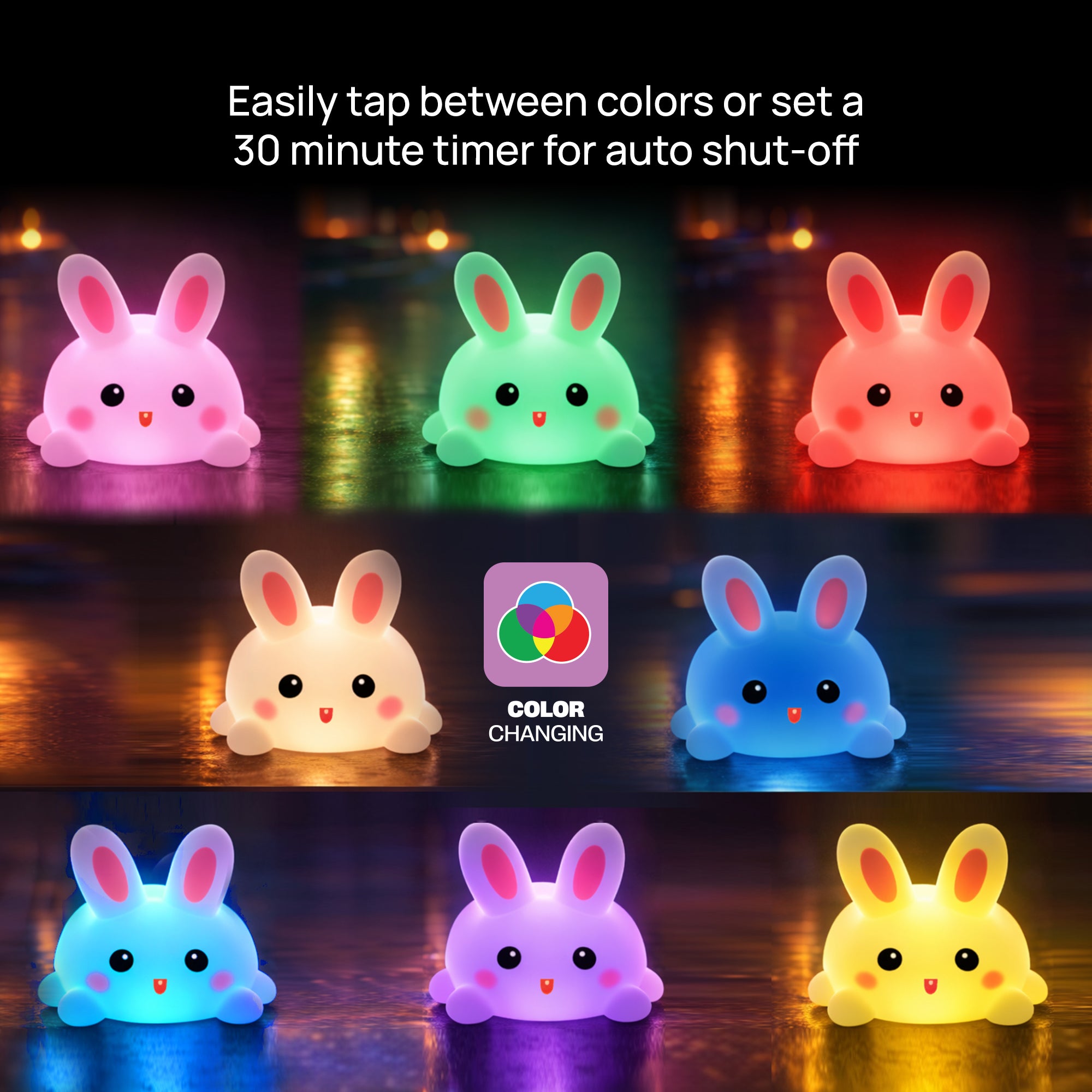 Soft Touch Bunny LED Night Light – Tap Control RGB Color Changing Lamp with Sleep Timer
