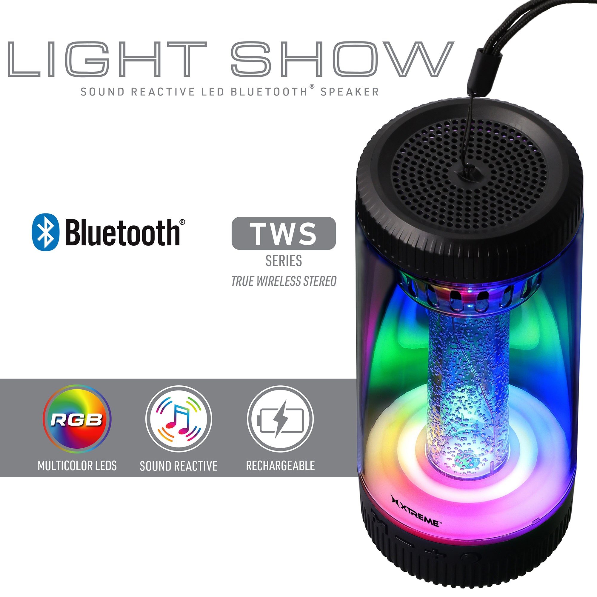 Light Show Sound-Reactive LED Bluetooth Speaker, Portable Wireless RGB Multicolor Cylinder Speaker with TWS True Wireless Stereo, Built-In Rechargeable Battery
