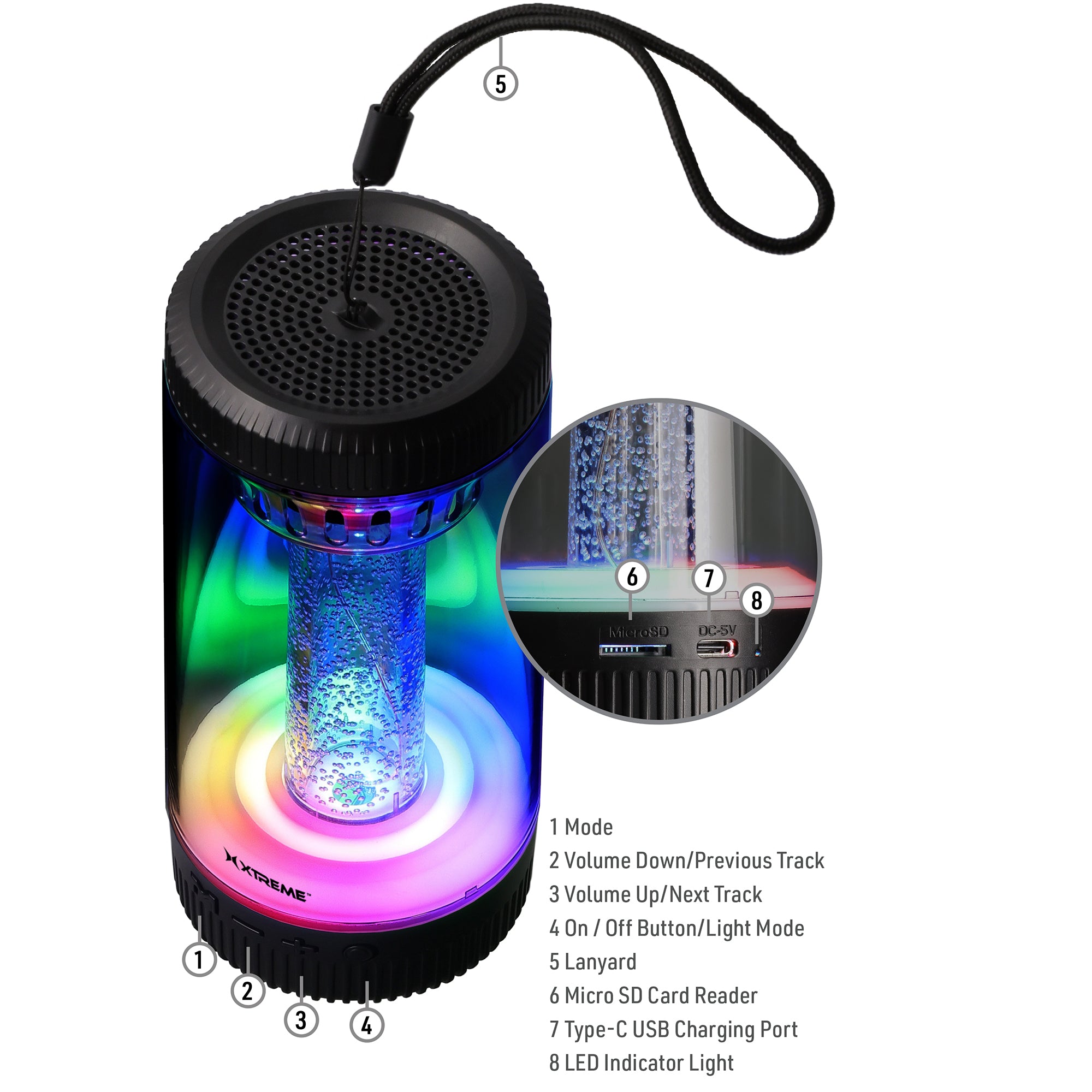Light Show Sound-Reactive LED Bluetooth Speaker, Portable Wireless RGB Multicolor Cylinder Speaker with TWS True Wireless Stereo, Built-In Rechargeable Battery