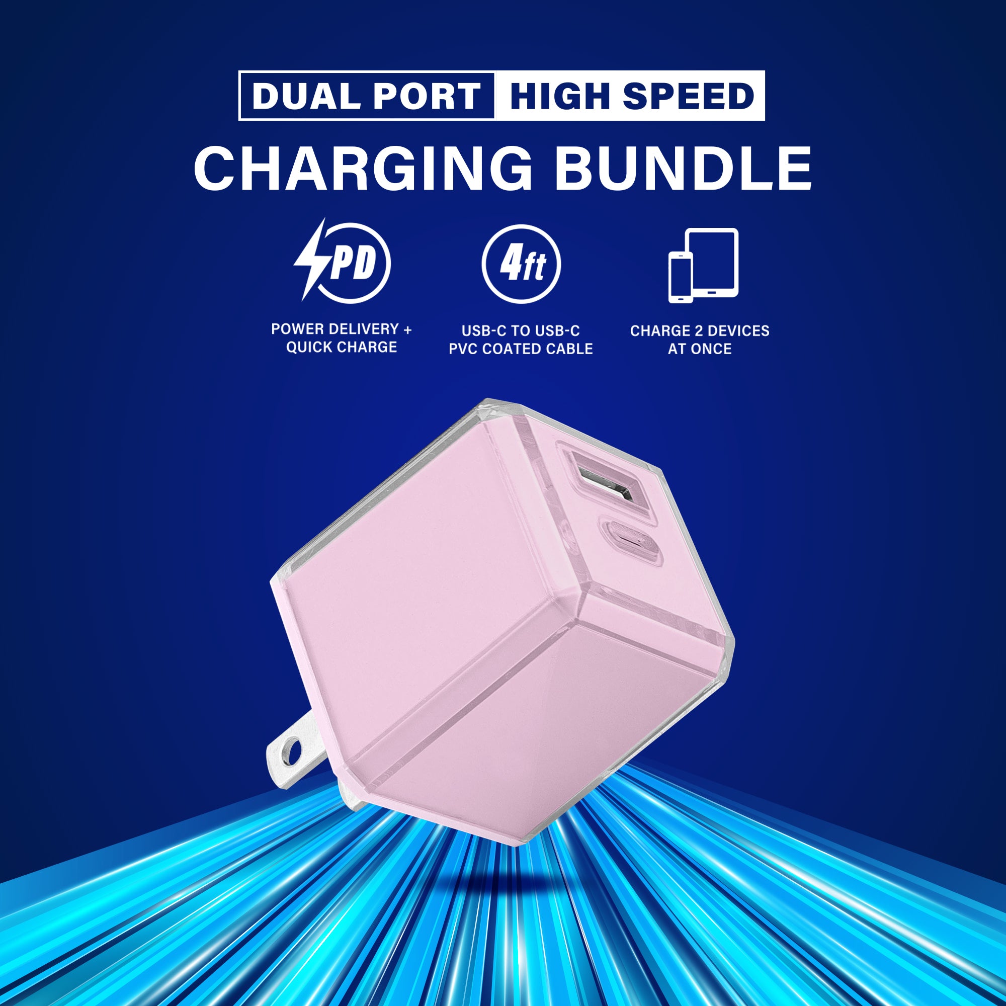20W Dual Port Fast Charging Bundle, 20W PD USB-C & 18W Quick Charge USB-A Wall Charger block with 4ft USB-C to USB-C PVC Coated Cable, Crystal Clear Collection (Pink)