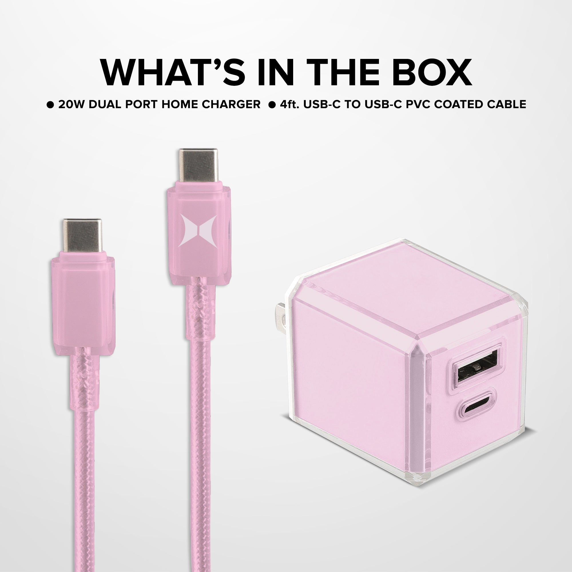 20W Dual Port Fast Charging Bundle, 20W PD USB-C & 18W Quick Charge USB-A Wall Charger block with 4ft USB-C to USB-C PVC Coated Cable, Crystal Clear Collection (Pink)