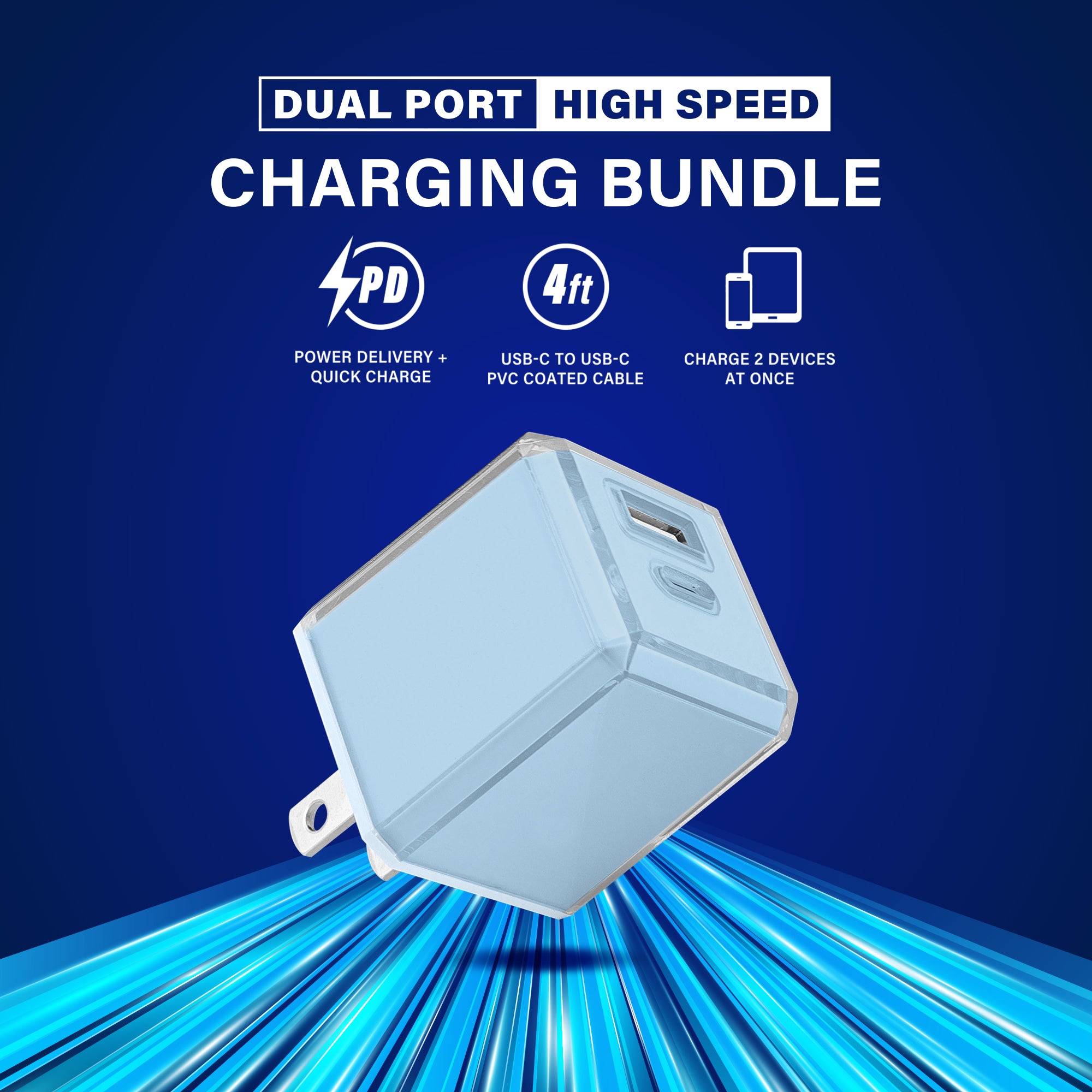 20W Dual Port Fast Charging Bundle, 20W PD USB-C & 18W Quick Charge USB-A Wall Charger block with 4ft USB-C to USB-C PVC Coated Cable, Crystal Clear Collection (Blue)