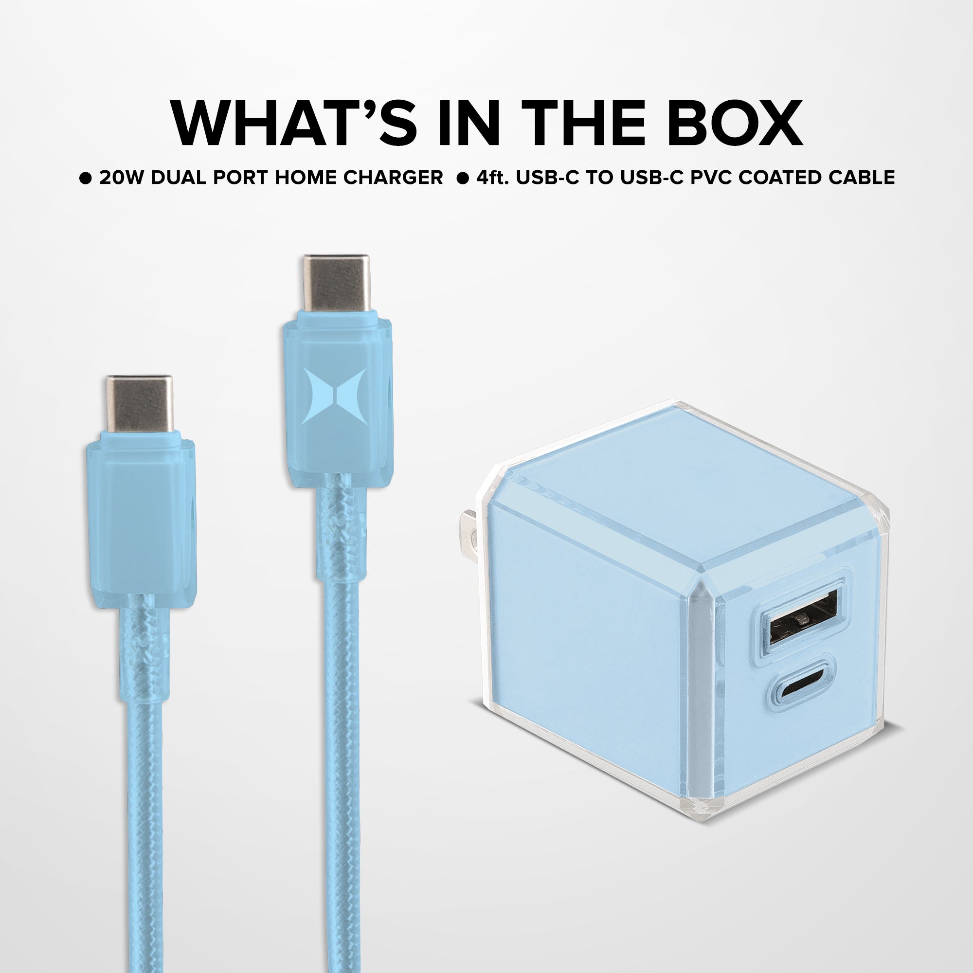 20W Dual Port Fast Charging Bundle, 20W PD USB-C & 18W Quick Charge USB-A Wall Charger block with 4ft USB-C to USB-C PVC Coated Cable, Crystal Clear Collection (Blue)