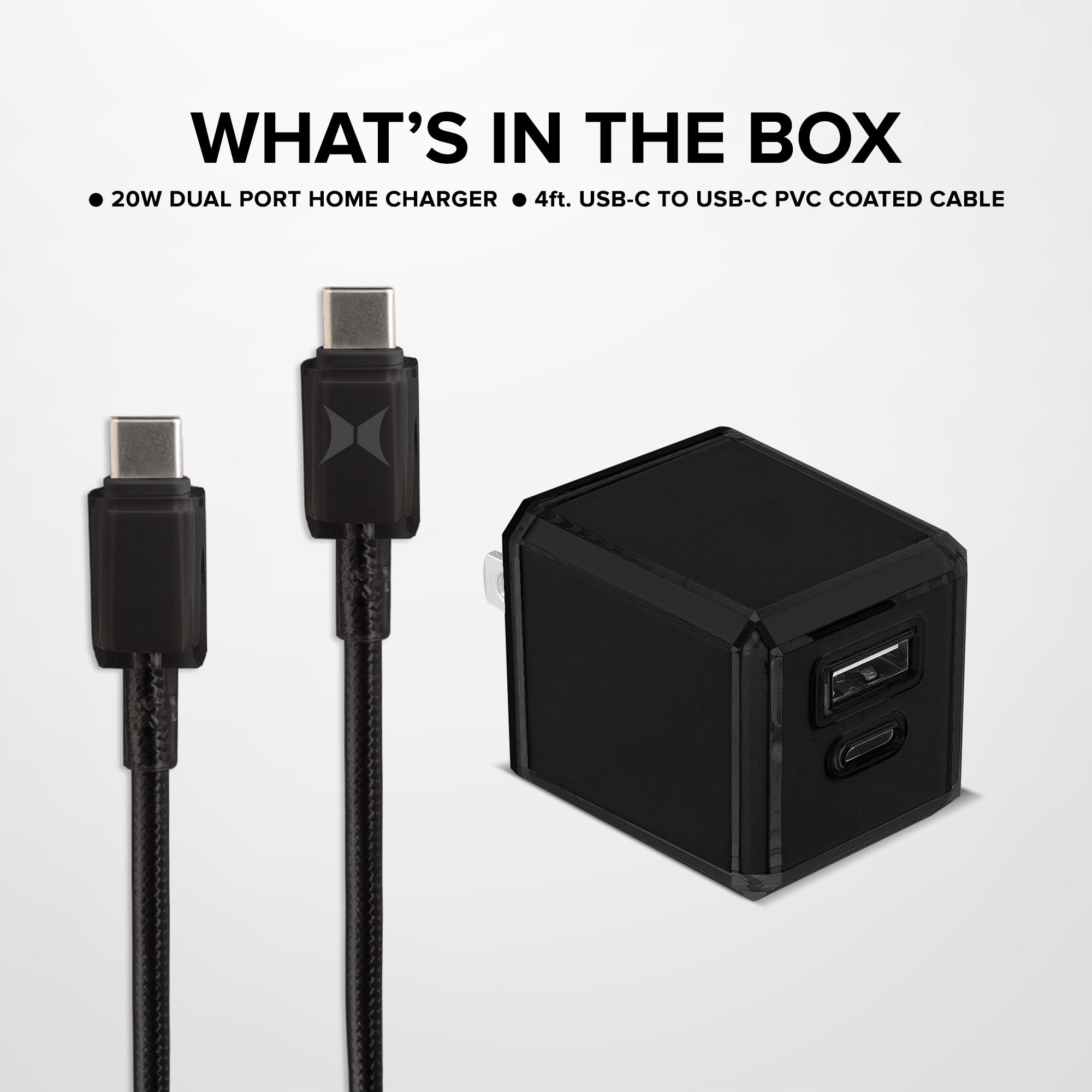 20W Dual Port Fast Charging Bundle, 20W PD USB-C & 18W Quick Charge USB-A Wall Charger block with 4ft USB-C to USB-C PVC Coated Cable, Crystal Clear Collection (Black)
