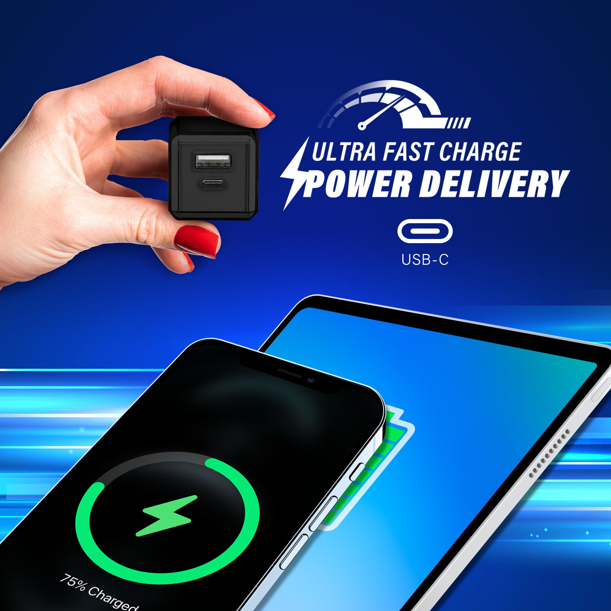 20W Dual Port Fast Charging Bundle, 20W PD USB-C & 18W Quick Charge USB-A Wall Charger block with 4ft USB-C to USB-C PVC Coated Cable, Crystal Clear Collection (Black)