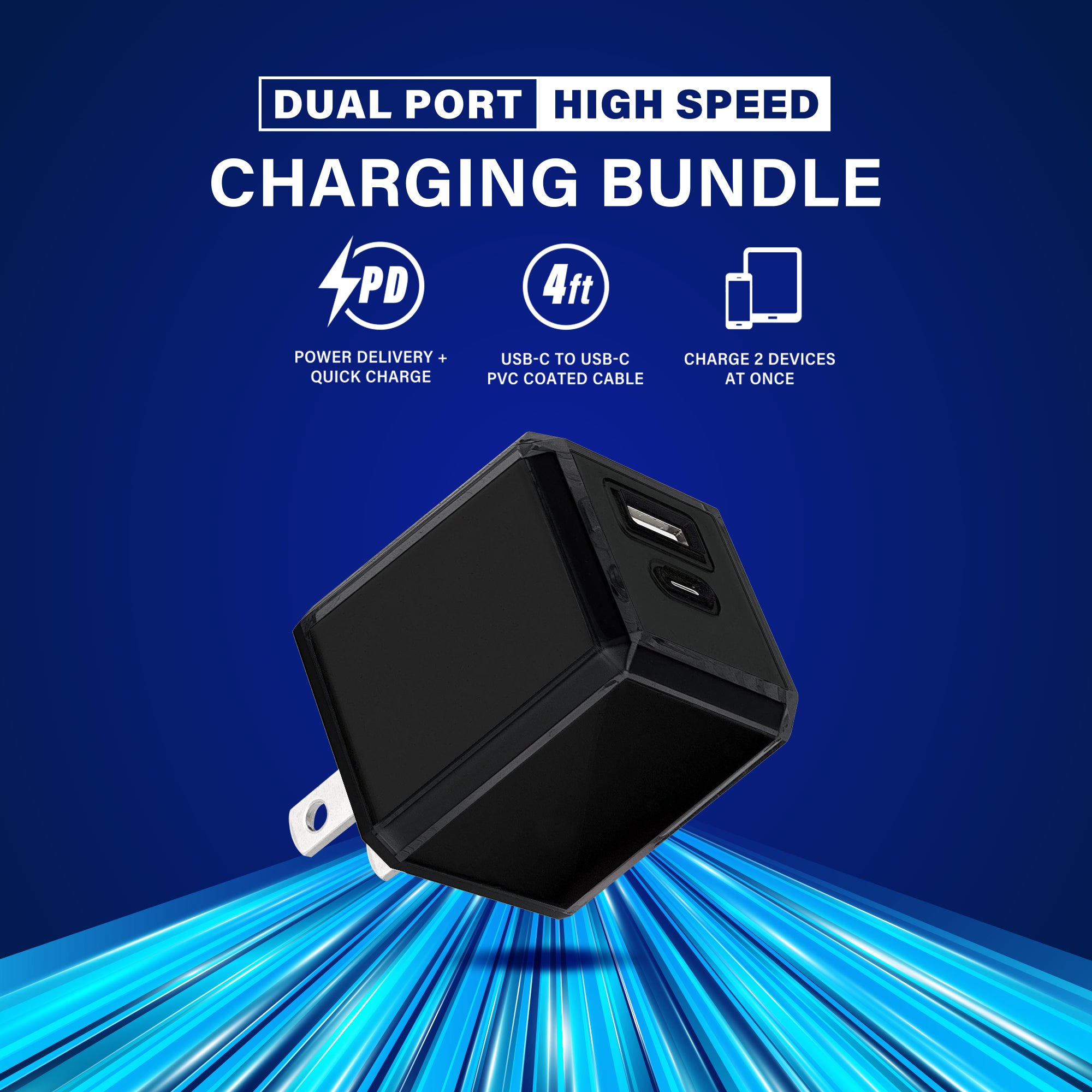 20W Dual Port Fast Charging Bundle, 20W PD USB-C & 18W Quick Charge USB-A Wall Charger block with 4ft USB-C to USB-C PVC Coated Cable, Crystal Clear Collection (Black)