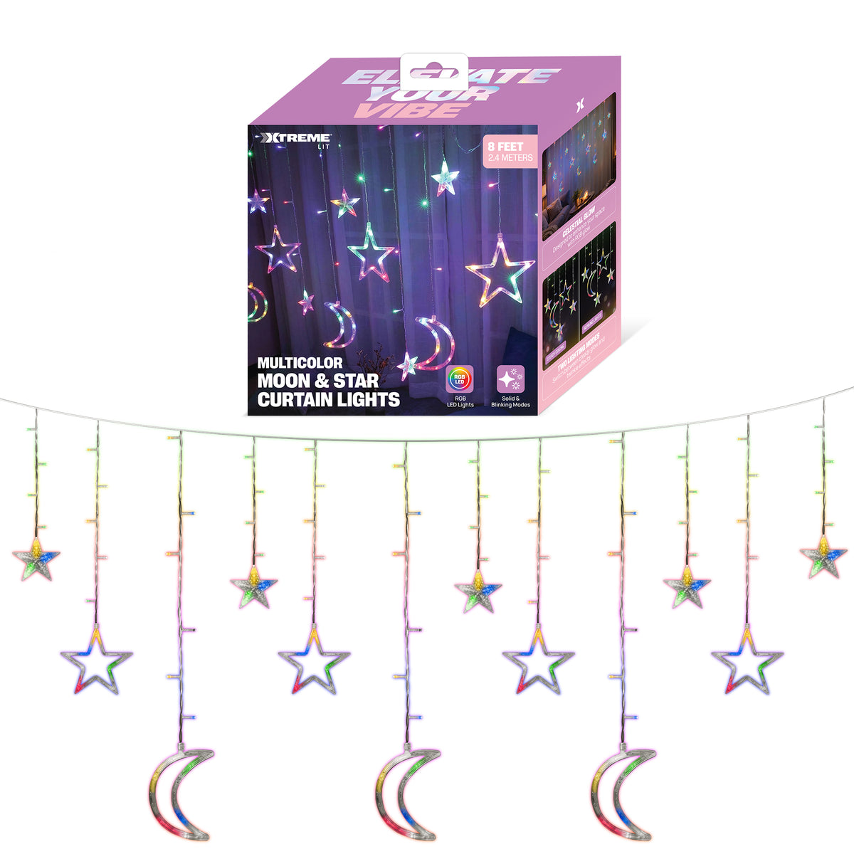 8 ft. Multicolor Moon & Star Curtain Lights, RGB LED Hanging Décor with 3 Crescent Moons, 4 Large Stars, 5 Small Stars & Twinkle Mode