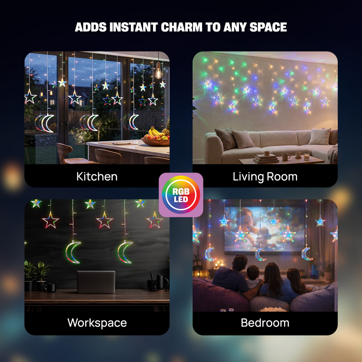 8 ft. Multicolor Moon & Star Curtain Lights, RGB LED Hanging Décor with 3 Crescent Moons, 4 Large Stars, 5 Small Stars & Twinkle Mode